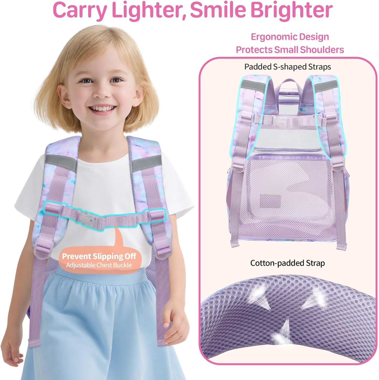Bagseri Clear Backpack for Girls - 15 Inch Clear Bookbag for Kids Aged 3 to 8 Heavy Duty Transparent Backpack for School, Cute See Through Bag with Reflective Strip, Purple Tie-dye
