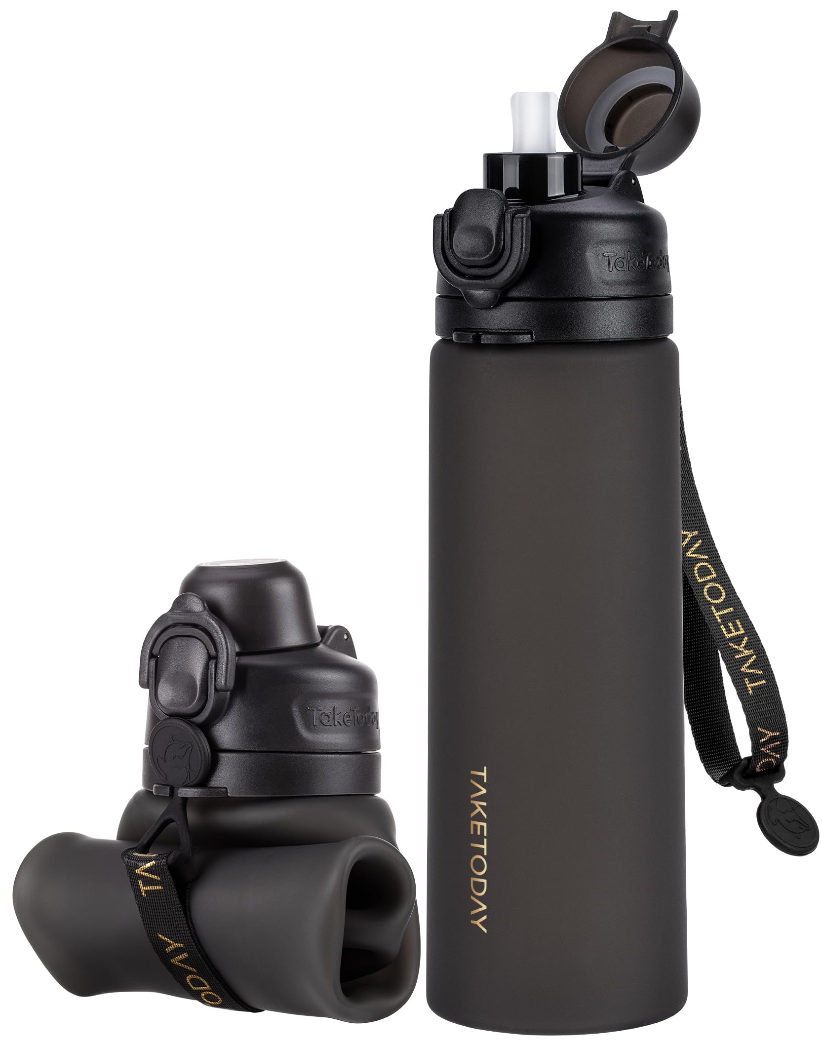 TakeToday Collapsible Water Bottles with Straw for Travel, 21oz, Black