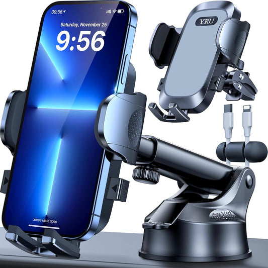 YRU [True Upgrade for Safety] Car Phone Holder Mount [Patent & Military-Grade] Dashboard Cell Phone Holder for Car Vent Windshield Phone Stand for iPhone 17 16 15 14 13 Pro Max Truck Samsung (Grey)