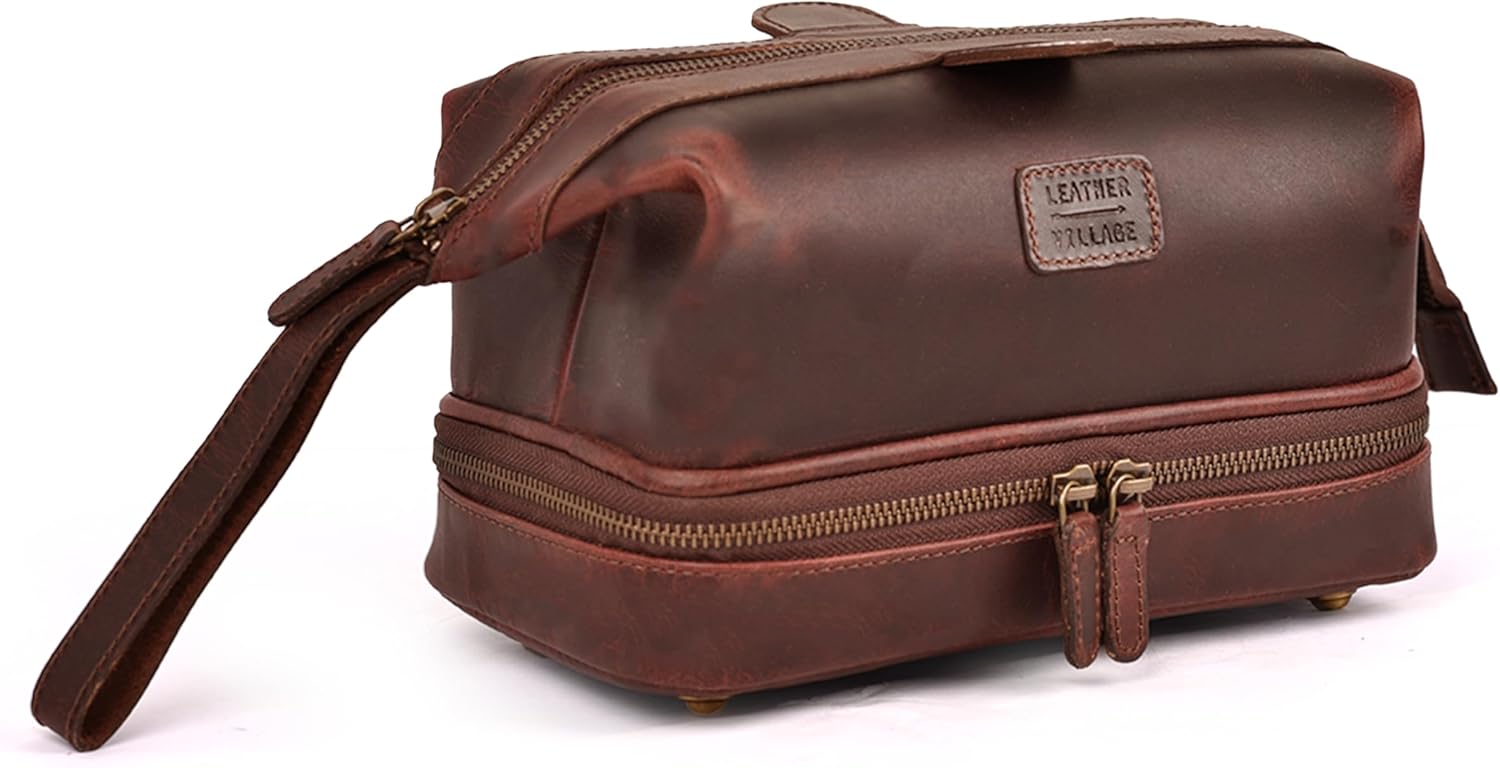 LEATHER VILLAGE Genuine Leather Dopp Kit – Large Travel Toiletry Bag with Waterproof Lining