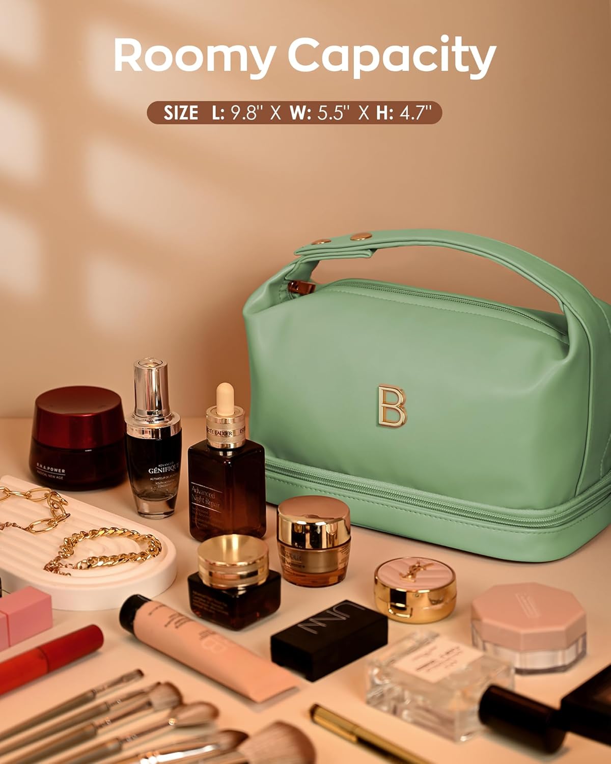 Trendy Gifts for Women, Personalized Makeup Bag with Handle, Initial Double Layer Cosmetic Bag with Makeup Brush Organizer, Cute Cosmetic Pouch for Women, Gifts for 20 Year Old Female