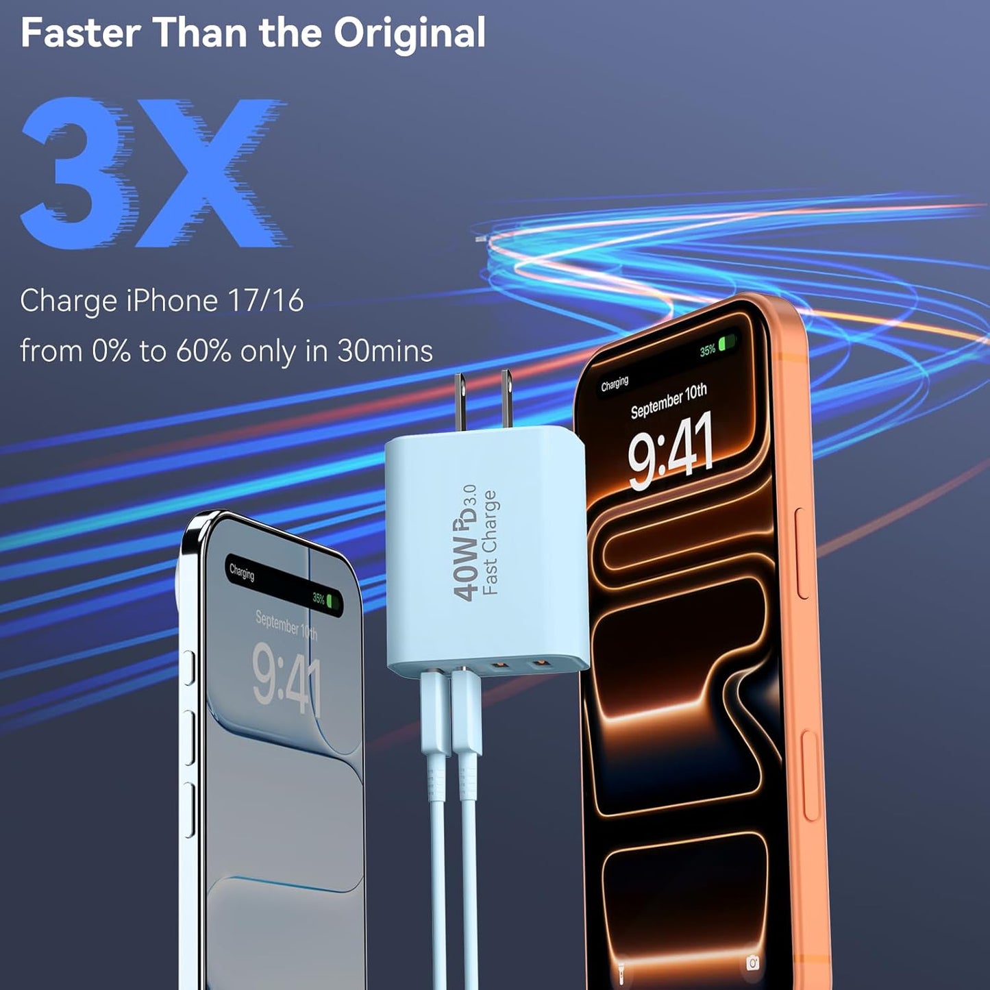 USB C Wall Fast Charger Block, 40W 4-Port Type C Chargers Fast Charging Blocks PD Power Charger Adapter+QC 3.0 USB Multiport Charger Brick for Phone 17/16/15/14/13/12 Pro Max, i-Pad, Galaxy S25-2Pack