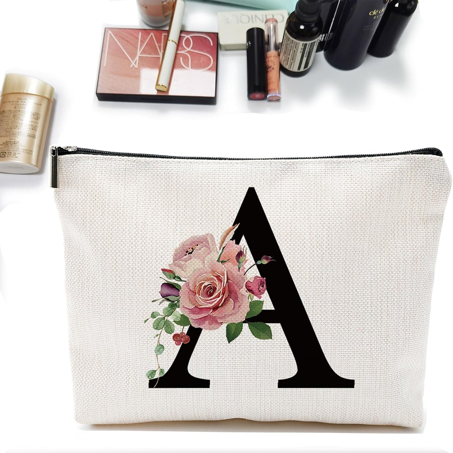 Initial A-Z Personalized Letter Makeup Bag, Monogrammed Bridesmaid Gifts/Presents Cosmetic Bag, Portable Stationery Storage Organizer Pouch, Friendship Love Travel Makeup Bags