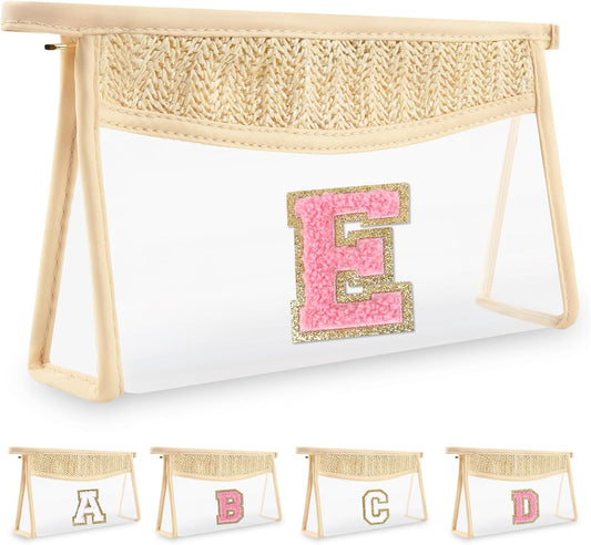 Small Boho Straw Initial Letter Makeup Bag Personalized Gift ,Cute Clear Chenille Patch Makeup Bag With Zipper,Trendy TSA Approved Travel Toiletry Bag,Gift for Women Girls Birthday Friend, Letter E