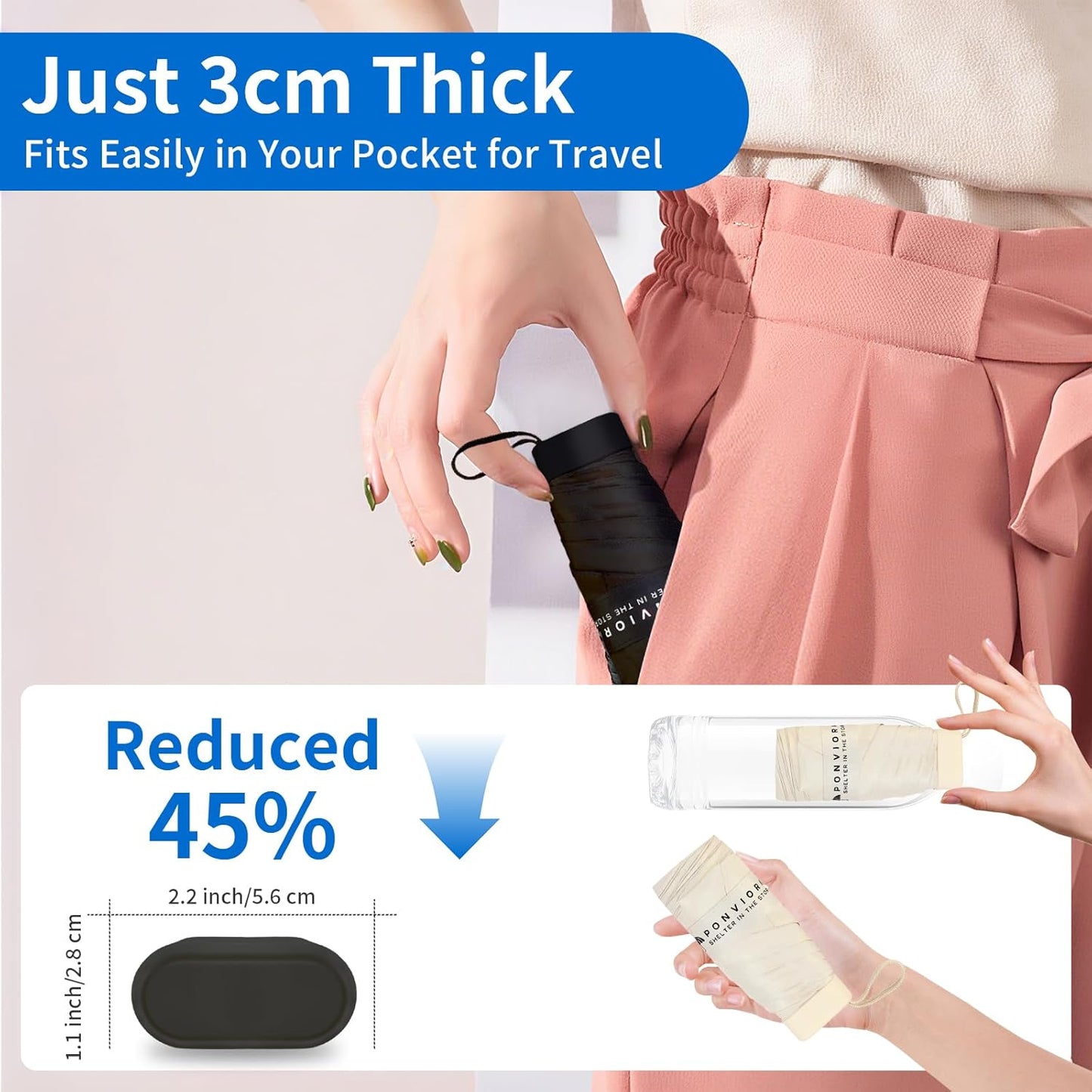 Compact Mini Windproof Travel Umbrella-UPF 50+ Sun & Rain Protection, Small Folding Design Fits in Pocket or Purse, Lightweight Portable with Case for Women, Men & Kids