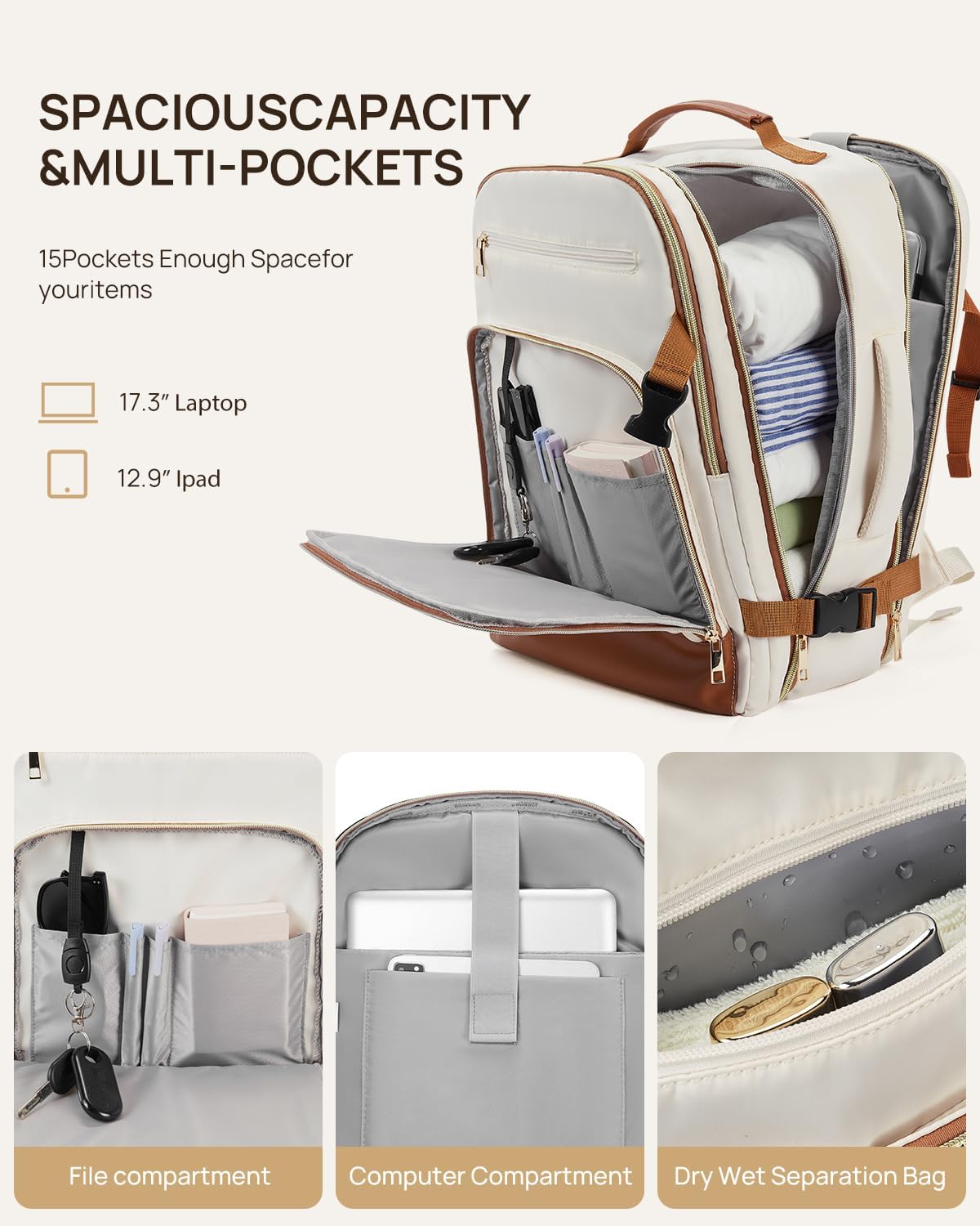 Telena Travel Backpack for Women, 17.3 inch Laptop TSA Carry On Personal Item Size Flight Approved Travel Bag Daypack with Multi-Pockets for Work, Travel, Business, Beige-Brown