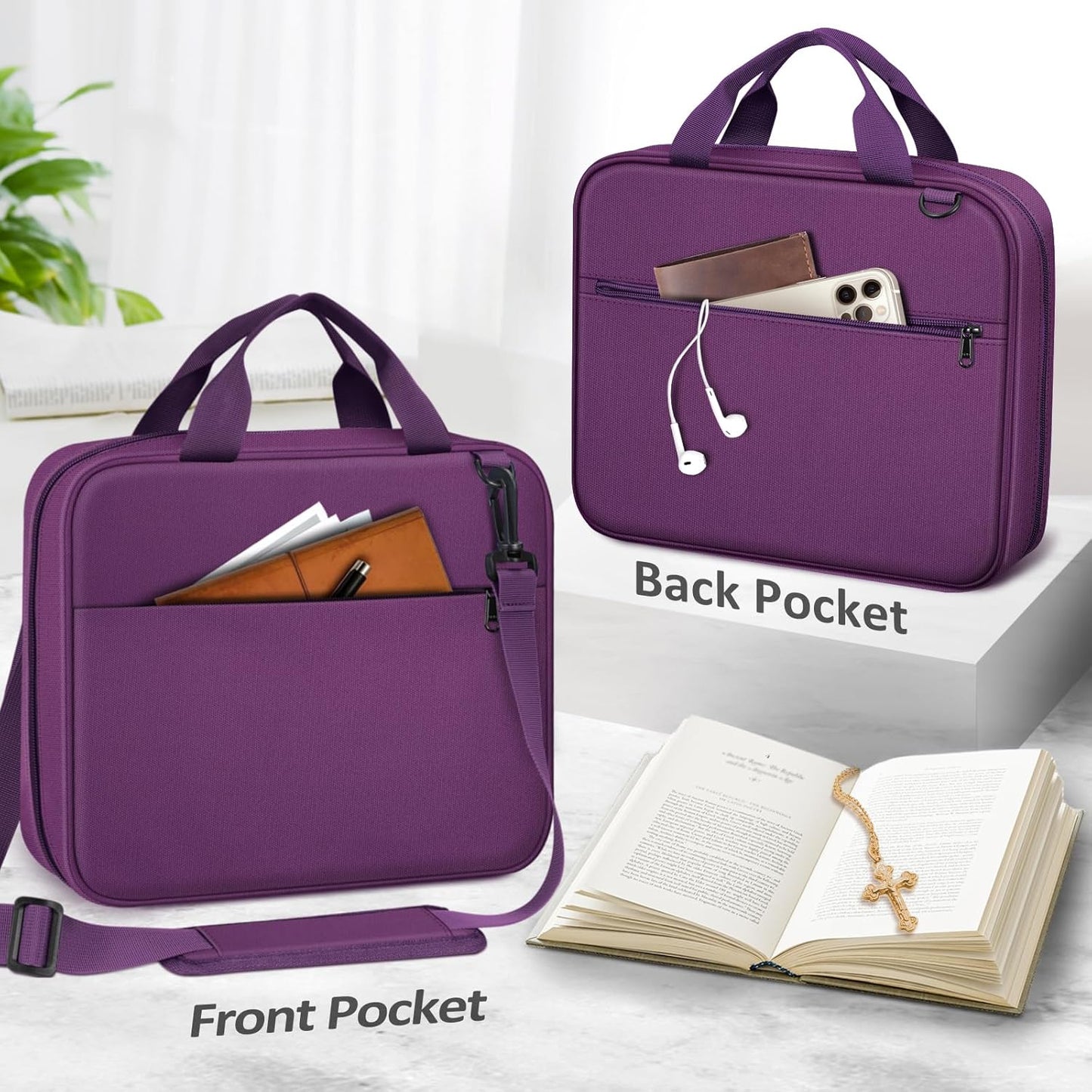 FINPAC Large Bible Cover, Carrying Book Case Church Bag Bible Protective with Zippered Pocket and