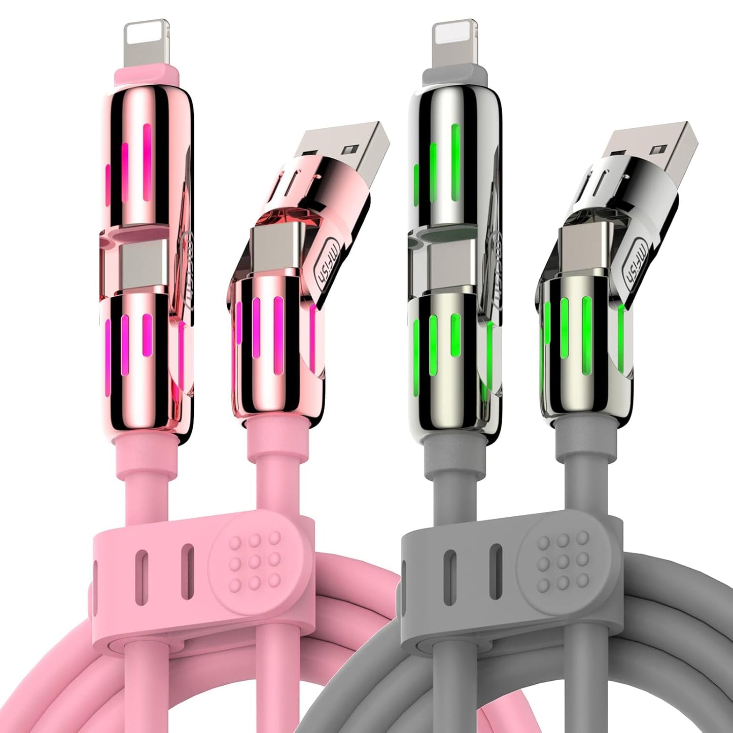 MFish 240W 4-in-1 Universal USB Charging Cable [2 Pack, 6.6ft] – Fast Charger Cord with USB-A, Dual USB-C & Lighting, for iPhone 14/15/16/17 Series, iPad & MacBook & More (2PACK, Pink+Grey, 6.6Ft)