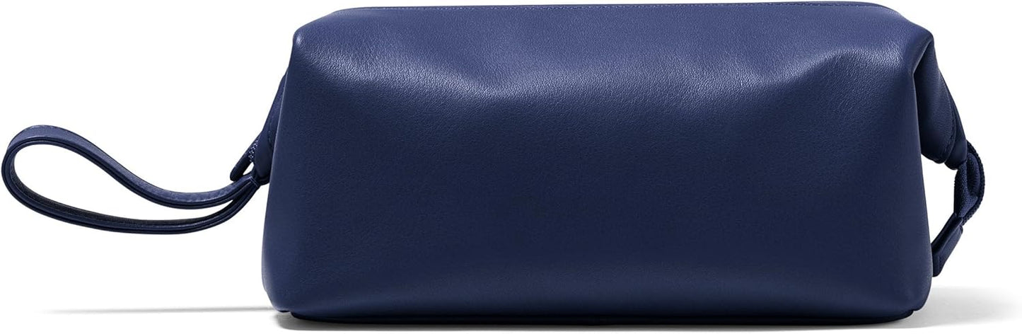 Leatherology Navy Blue Framed Toiletry Bag – Full Grain Leather Dopp Kit for Men with Wide-Mouth