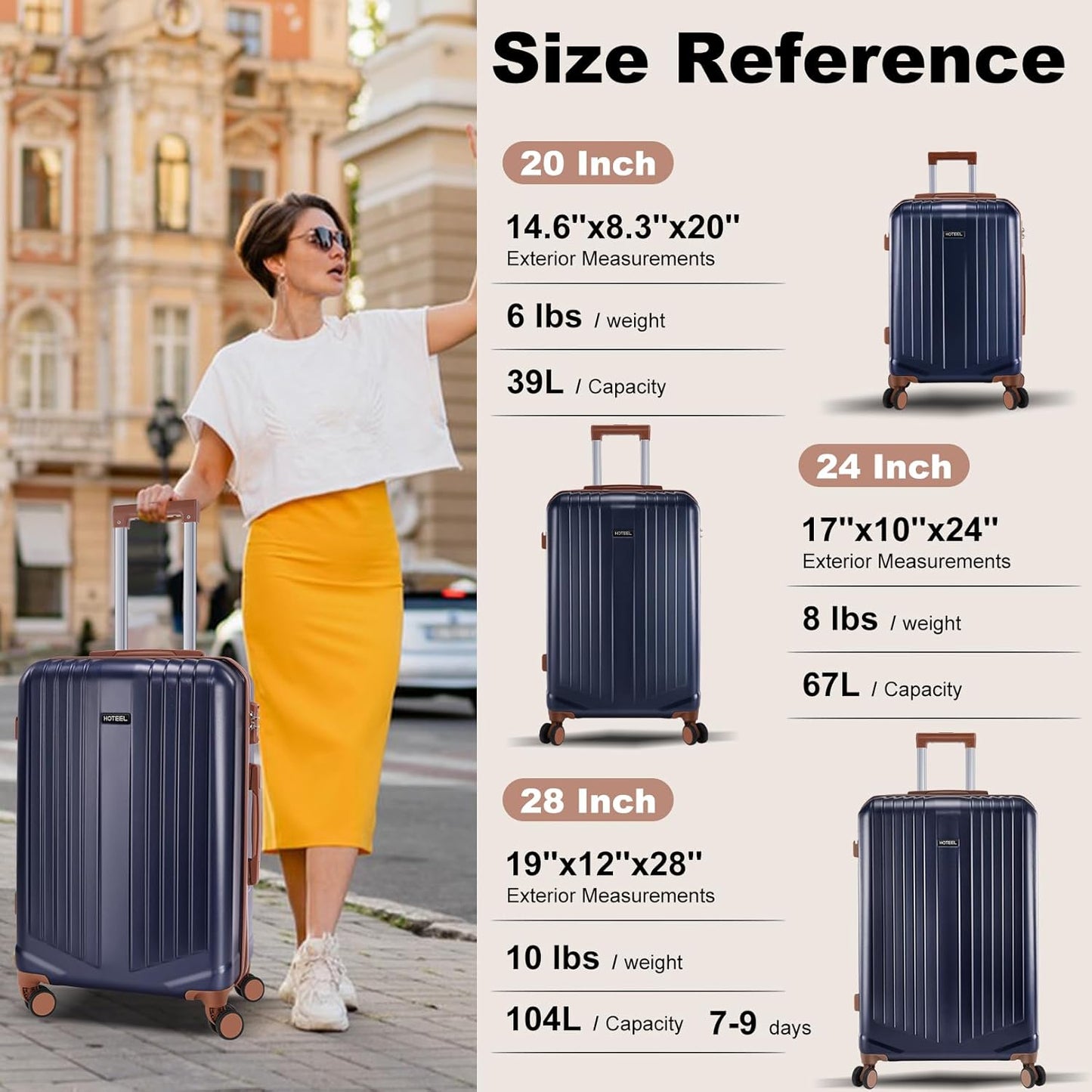 Hoteel 3-Piece Luggage Sets (4-YEAR WARRANTY) with Spinner Wheels, TSA Lock, 20 24 28 Inch Hardshell Suitcases for Travel, Lightweight Carry On & Checked Luggage Set （Dark Blue）