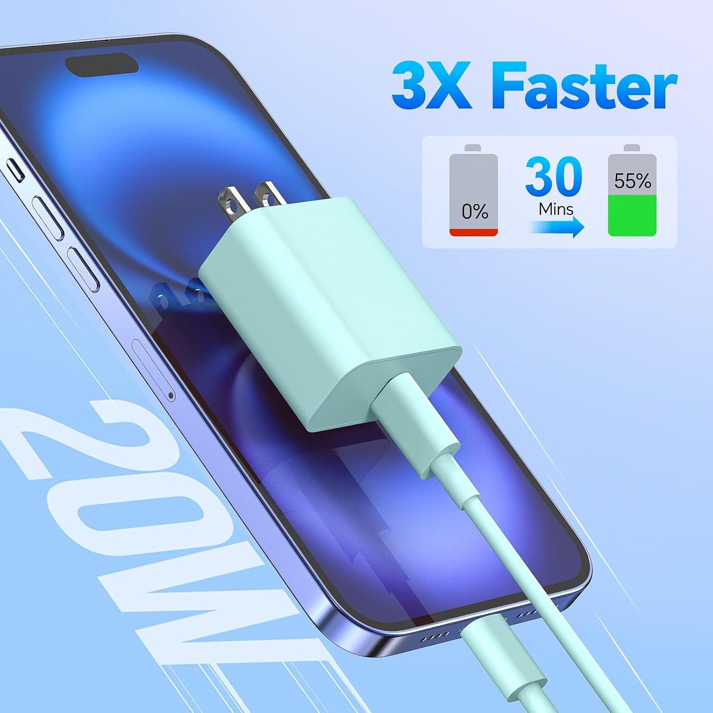 i Phone Charger Fast Charging, 3Pack 20W 10FT USB Charger Cable + USB C Charging Block, Compatible with i Phone 15 16 17 Pro/Max/Plus - Purple Green Blue