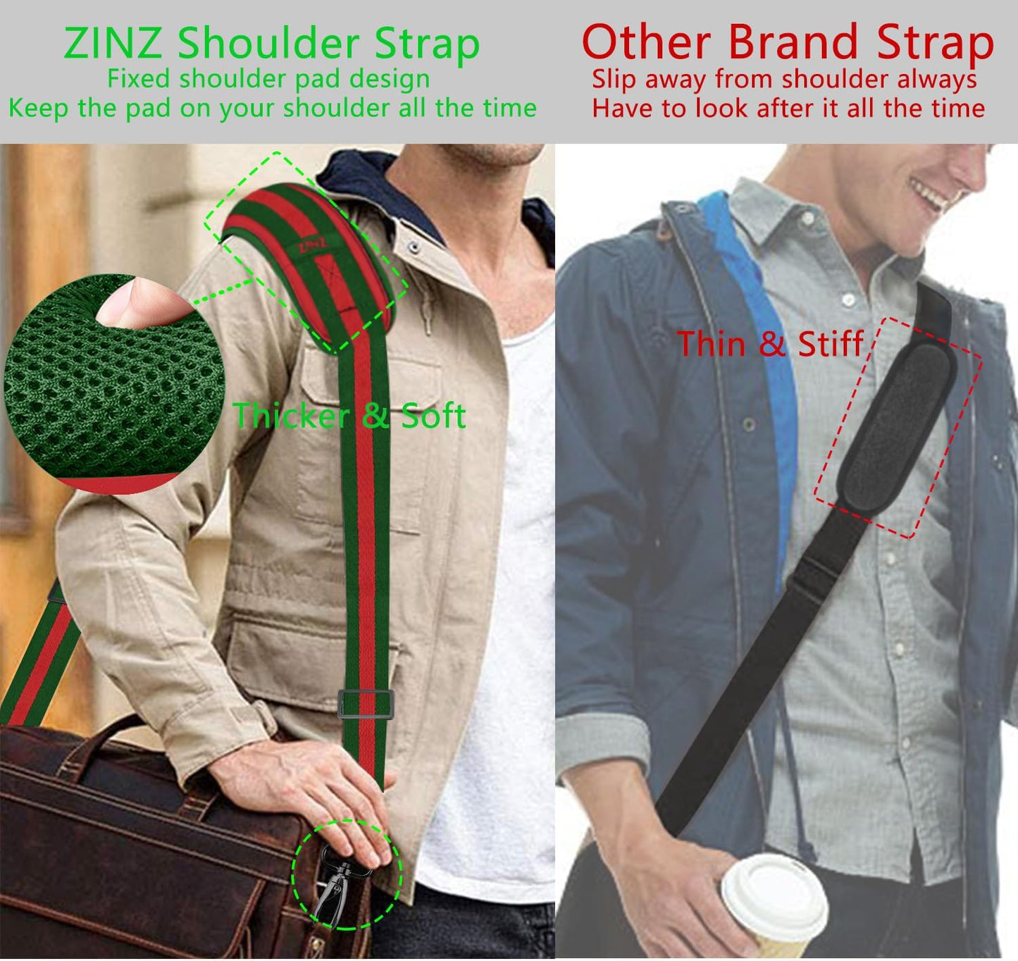 ZINZ 79 inch Shoulder Strap, Extra-thick Fixed Cushion Pad and Dual Clasps Universal Replacement Strap with Metal Swivel Hooks for Laptop Bags, Luggage Bags, Camera, Crossbody(Stripes-GrWGr)