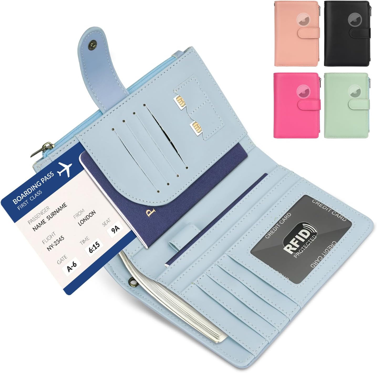 RFID Passport Holder for Women/Men Travel Gifts, Large Capacity Passport Wallet, Family Travel Documents Organizer with Card/Airtag Slots, Zipper coin pocket, Cash Holder Passport Cover Case (Blue)