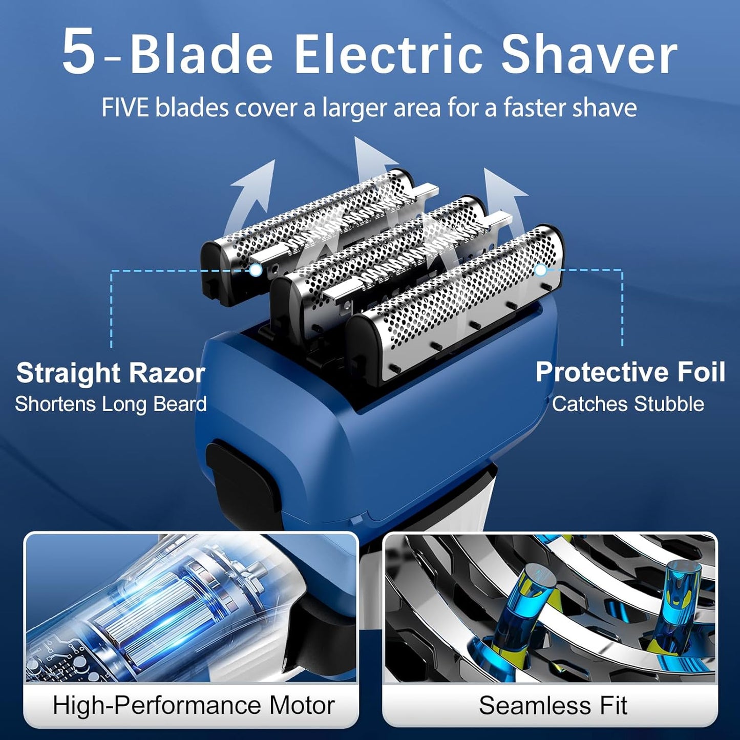 Electric Razor for Men, 2-Speed 5-Blade Electric Shavers for Men Face Cordless Rechargeable, Mens Foil Shaver Shaving Machine Wet Dry Men's Travel Razors for Man Close Shaving Face as Gift, Blue