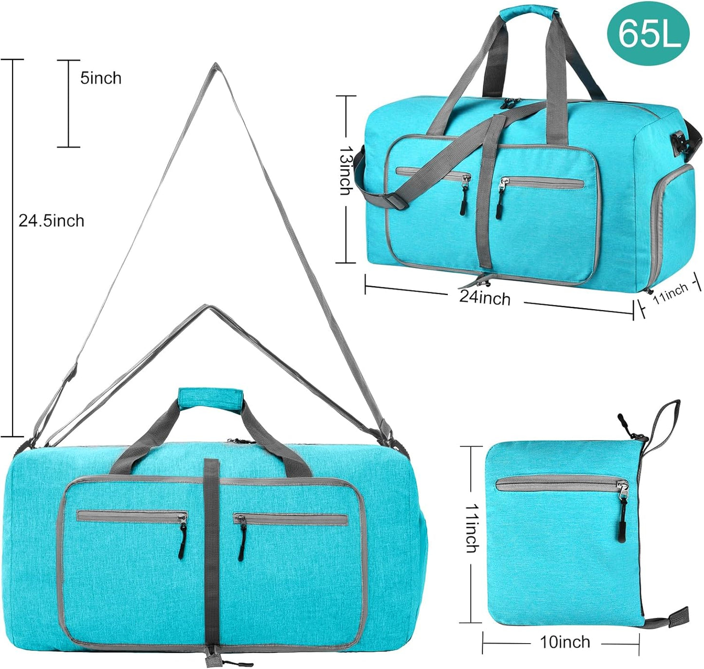 Dimayar 65L Travel Duffle Bag for Men Women - Foldable Duffel Bag with Shoes Compartment - Overnight Bags Waterproof & Tear Resistant(Mint Green)