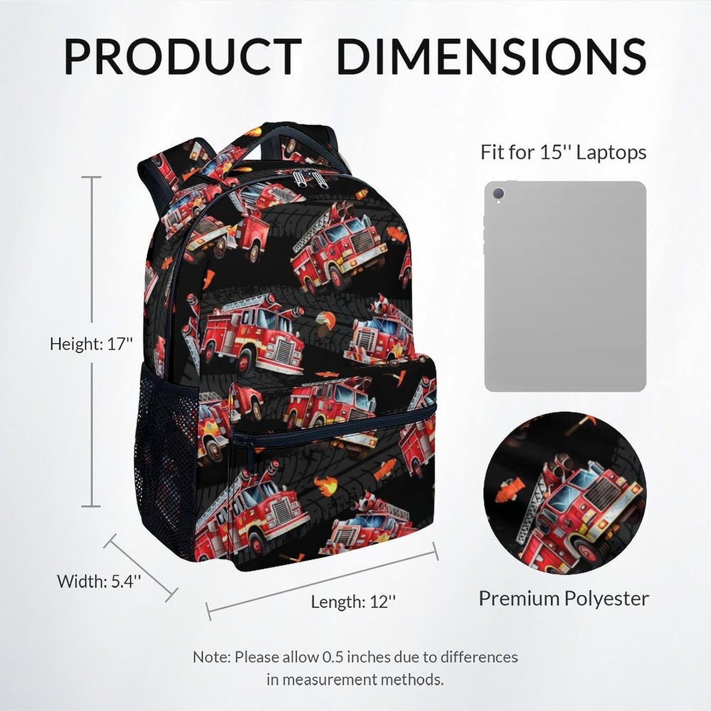 Toddler Boy Backpack - Fire Truck Backpacks for Kids - Cool Toddler Bookbag - Durable School Bag for Kindergarten/Preschool/Elementary(17 Inch)