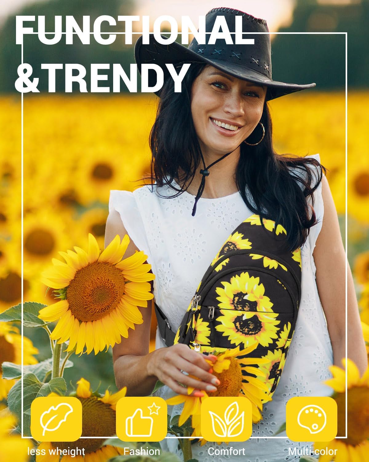 Crossbody Bags for Women, Sling Bag for Men, Small Hiking Backpack Anti Theft Lightweight for Outdoors Travel （M, Sun Flower）