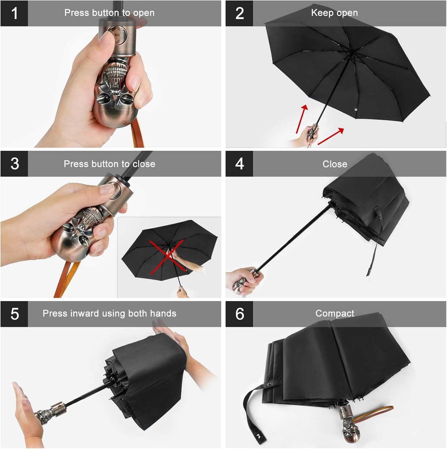Lejorain Mens Black Skull Umbrella - Automatic Luxury Travel Windproof Umbrella Compact - Portable Strong Lightweight Rain Umbrella for Adults