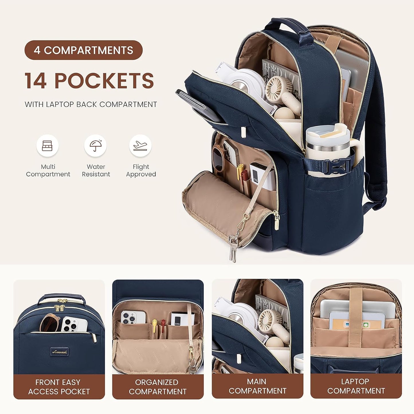 LOVEVOOK Laptop Backpack for Women with Pouch Pocket for Large Capacity Cup,15.6 Inch Laptop Computer Bag Travel Backpack Purse,Waterproof Work Business Backpack College Teacher Bags,Dark Blue
