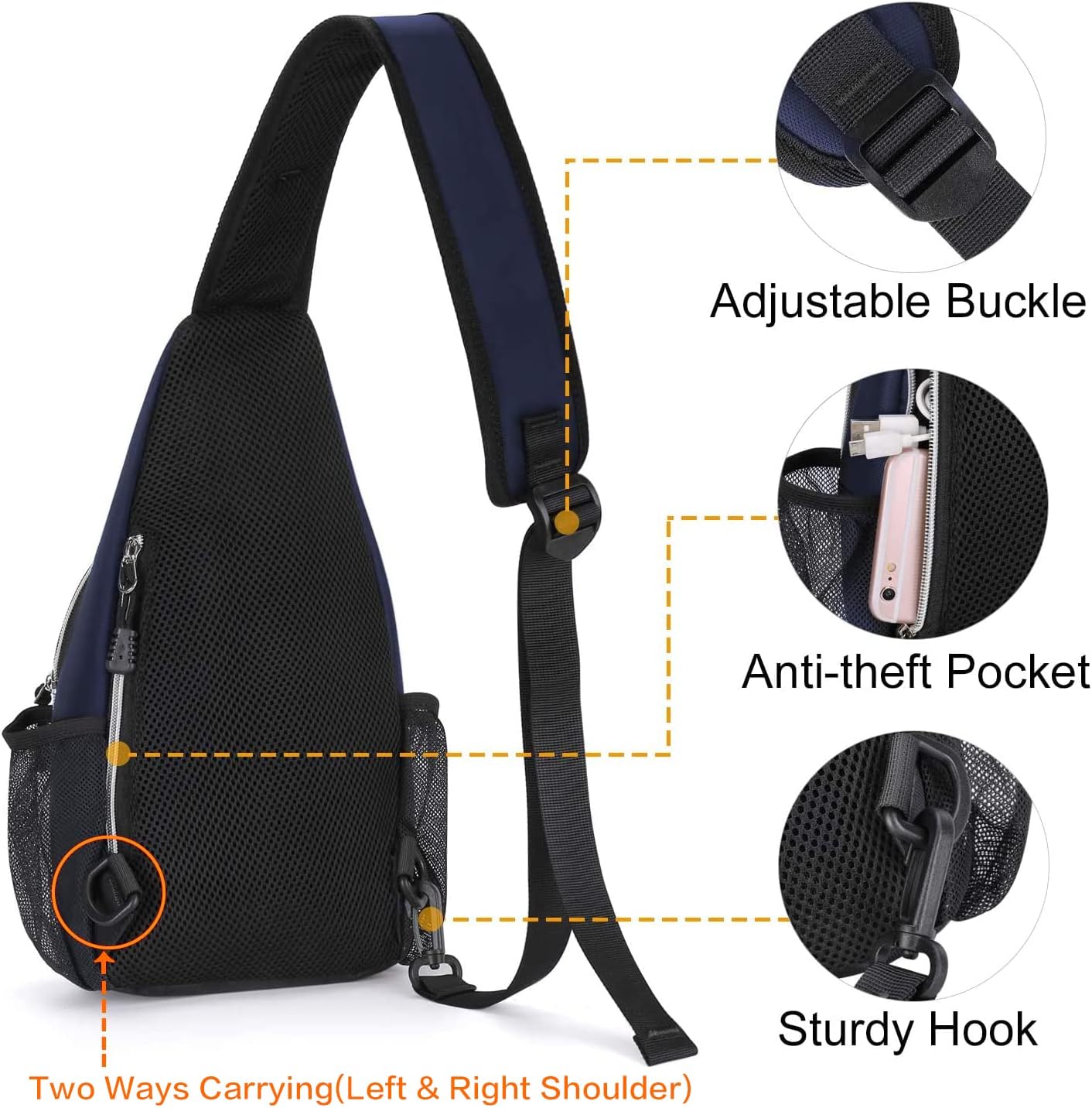 MOSISO Mini Sling Backpack,Small Hiking Daypack Travel Outdoor Casual Sports Bag, Navy Blue