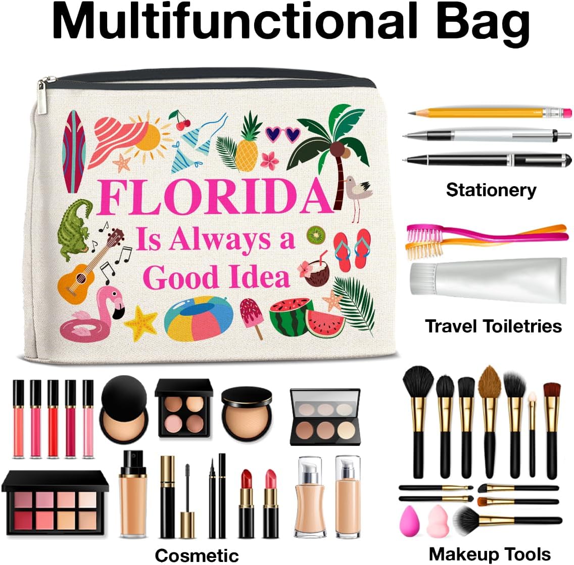Florida Travel Cosmetic Bag, Multicolor, Waterproof Polyester, Zipper Closure, Adult Women's Travel