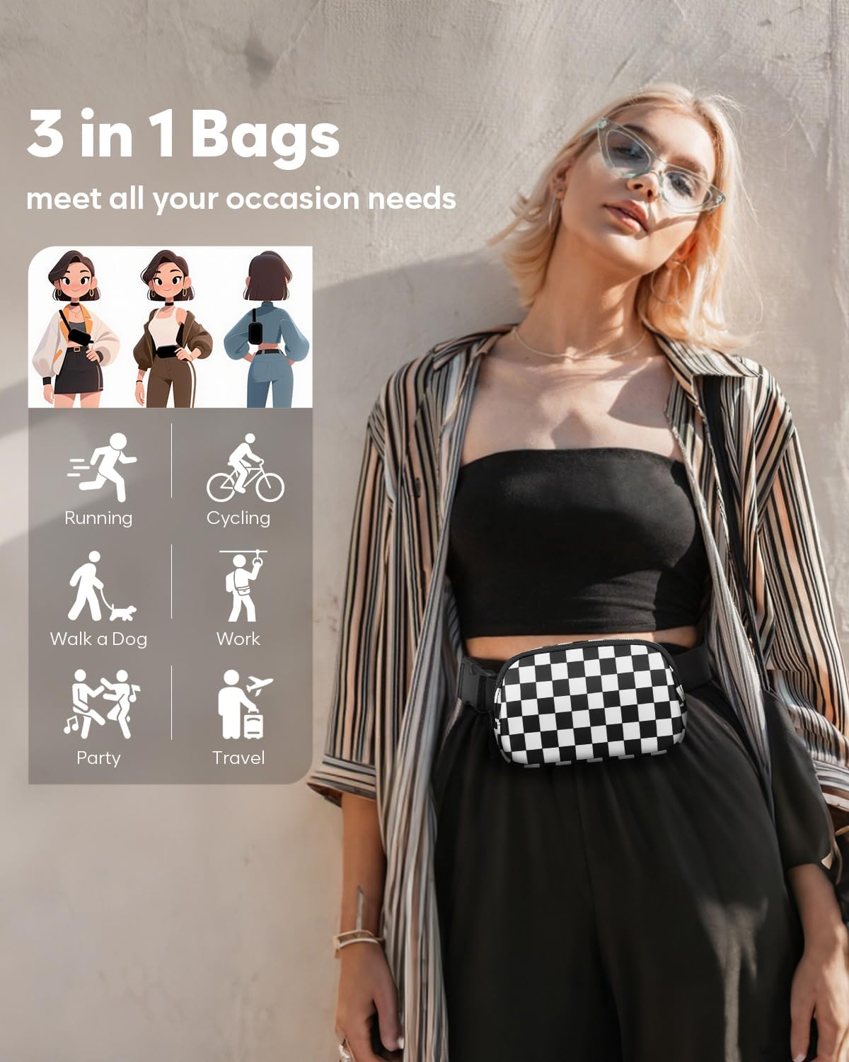 Fanny Packs for Women Cross Body Bag Waterproof Belt Bag with Adjustable Strap and Zipper Back Pocket Small Crossbody Bags Fashion Waist Packs for Workout Travelling(Checkered Black)