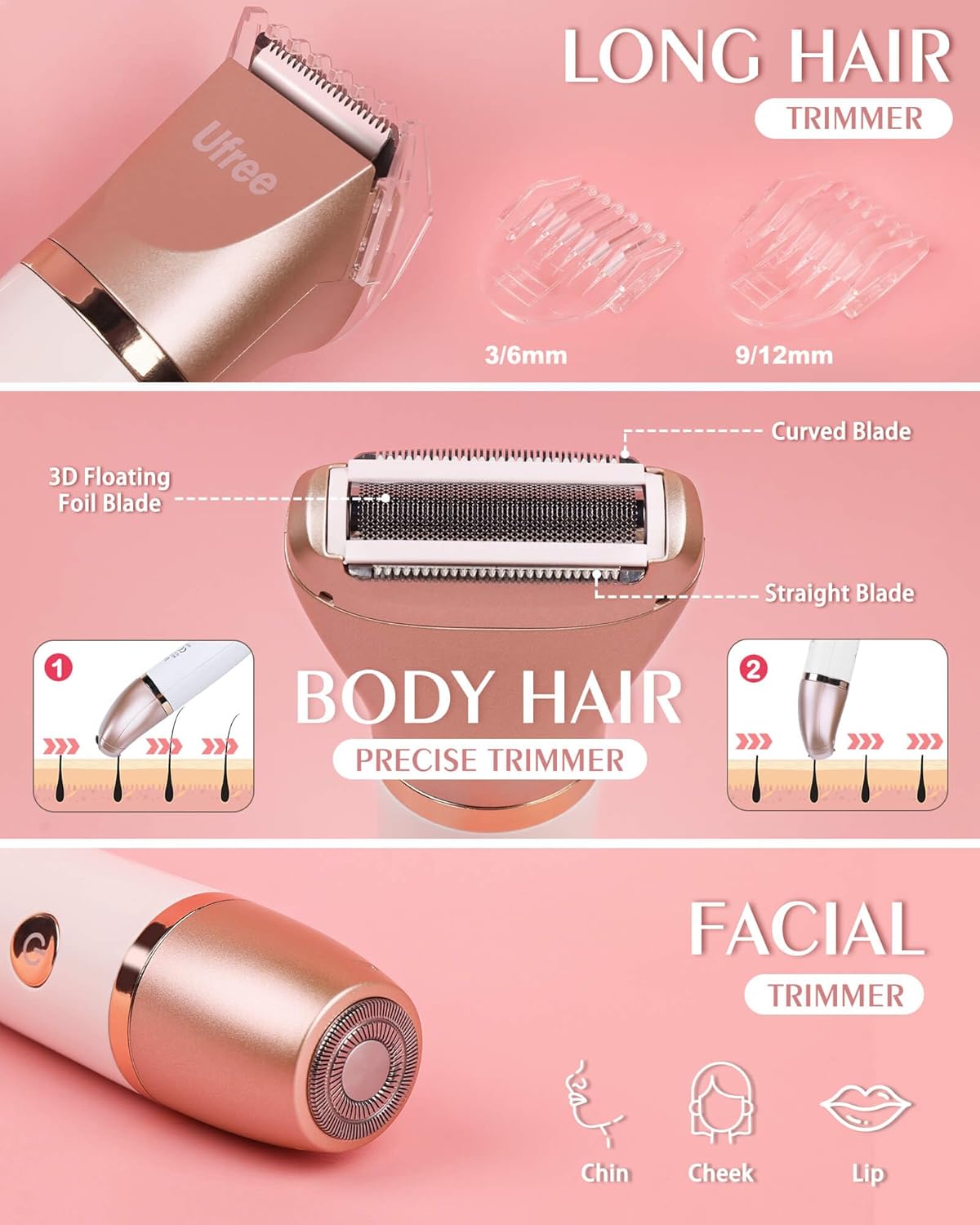 Ufree Electric Shaver Razors for Women Pubic Hair, Bikini Trimmer for Face and Body Hair, Wet & Dry Use Groomer, Hair Trimmer, Birthday Gifts for Women, Gold