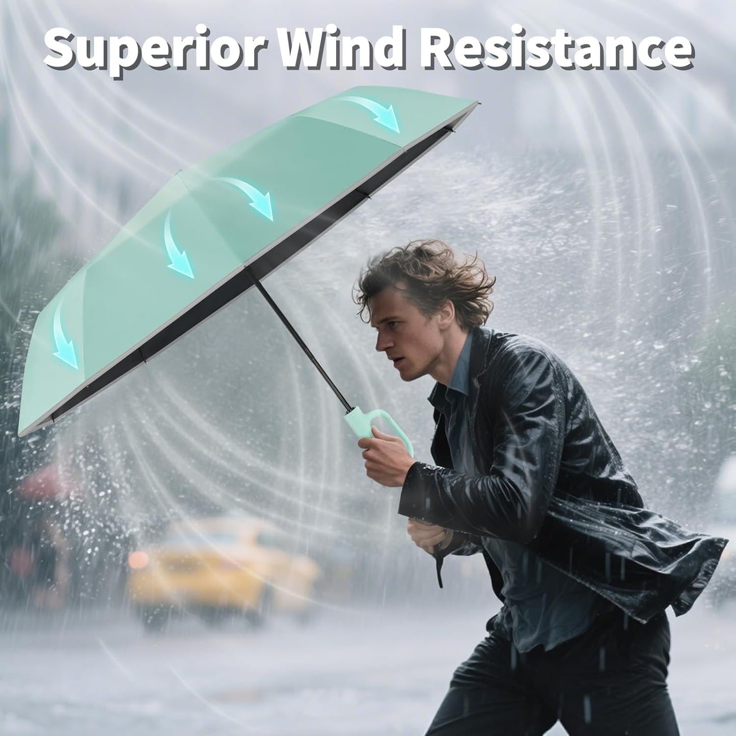 Seniny Travel Umbrella with Carabiner Handle, Windproof Large Umbrellas for Rain with Dual-Rib Structure, Portable Compact Umbrella with Reflective Strip, Car Backpack UV Umbrellas for Sun Protection