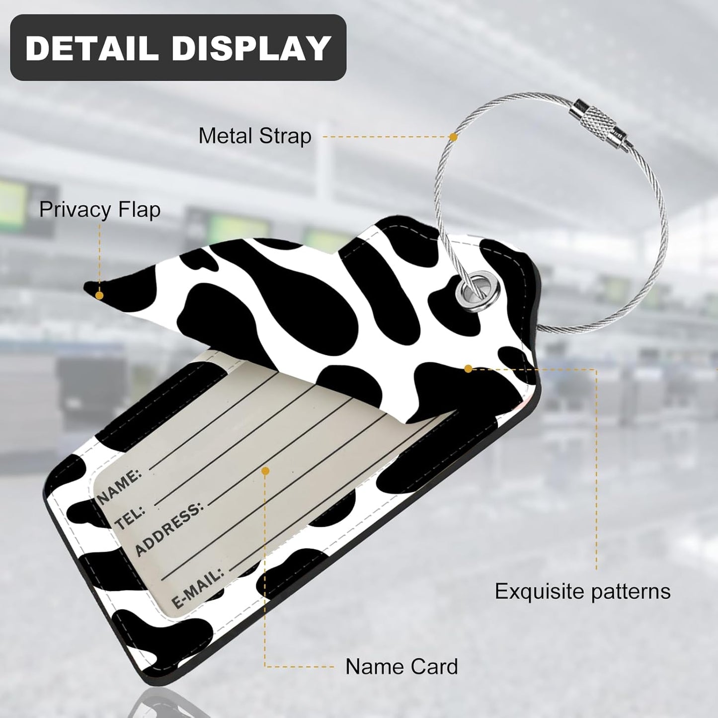 2Pack Luggage Tags for Suitcases, Cute Unique Pu Leather Cruise Luggage Tag with Privacy Cover ID Label Address Card and Metal Ring Suitable for Women Men Kids Travel Bag Cow Texture1