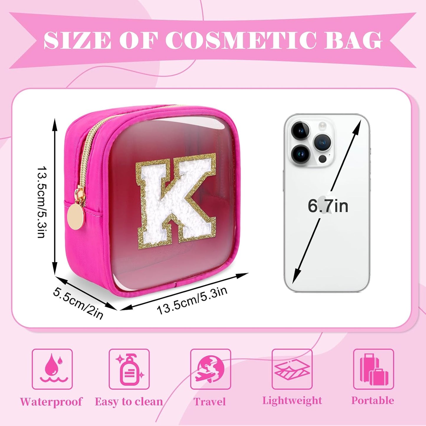 Personalized Initial Letter Clear Preppy Makeup Bag,Mini Nylon Chenille Letter Cosmetic Bag Cute Zipper Pouch Coin Purse for Teen Girls,Portable TSA Approved Travel Essentials Bag Gift for Women,K