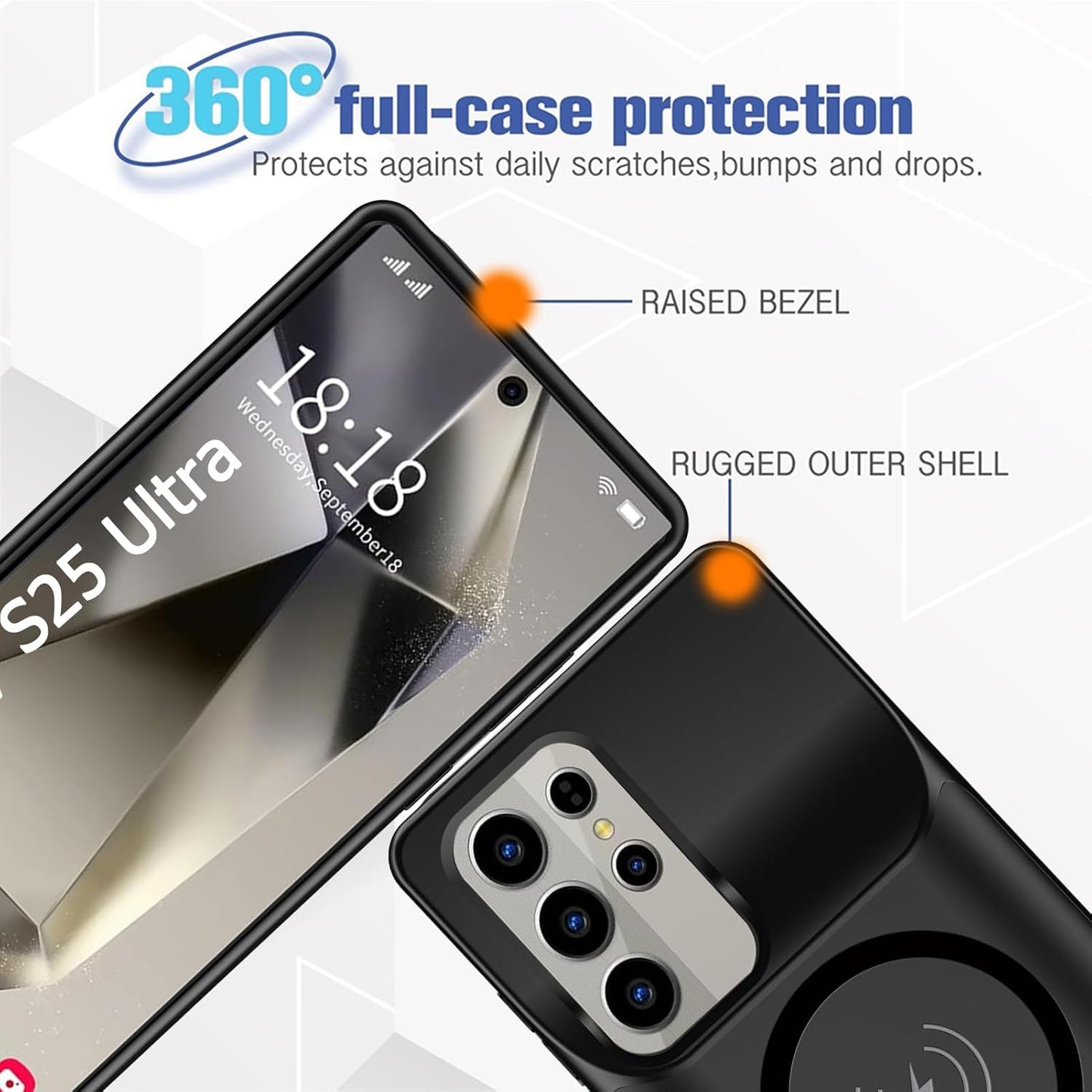 Battery Case for Galaxy S25 Ultra, 12000mAh High Capacity Portable Charger Case Rechargeable Smart Battery Pack Compatible with Galaxy S25 Ultra 6.9 inch Charging Case Support Wireless & Carplay-Black