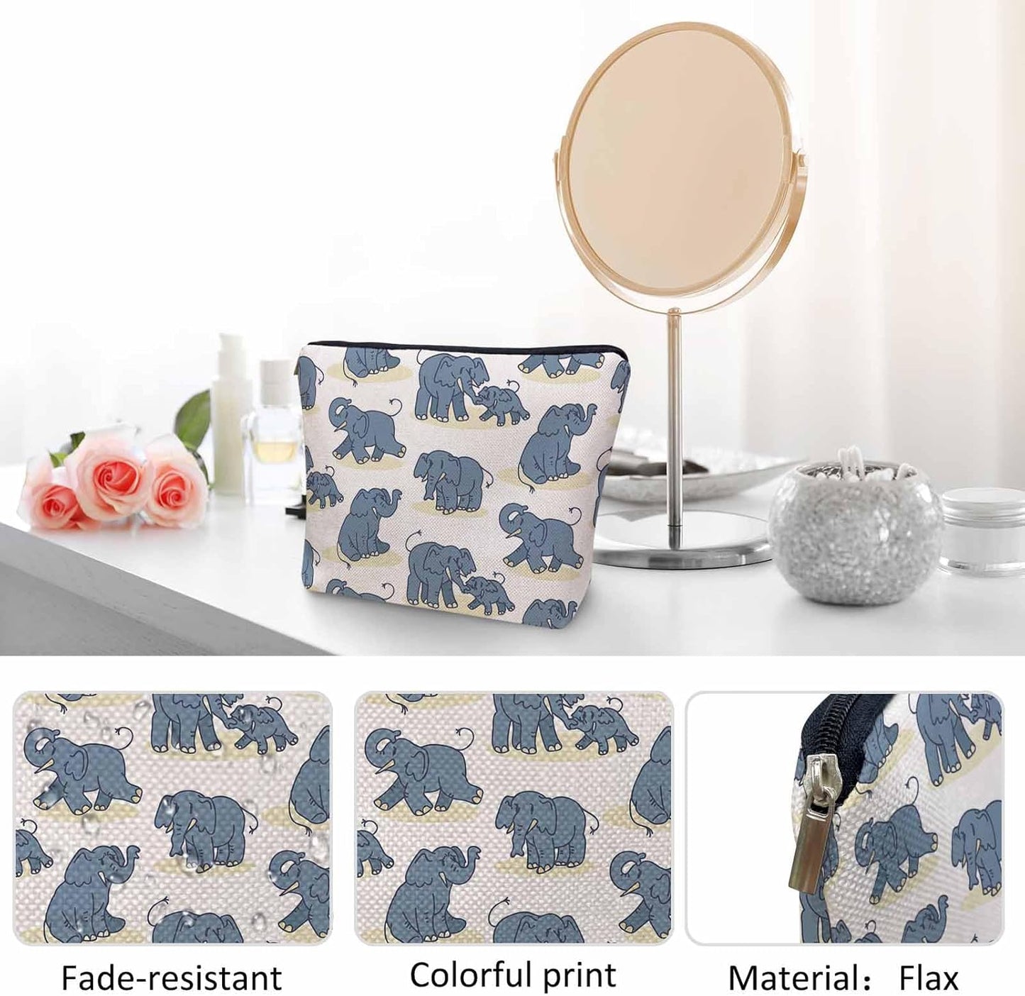 Elephant Makeup Organizer Bag Cosmetic Bag For Men Women, Cute African Animal Elephant Blue Travel Toiletry Bag Flax Makeup Bags Purse Business Makeup Pouch For Toiletries Cosmetics