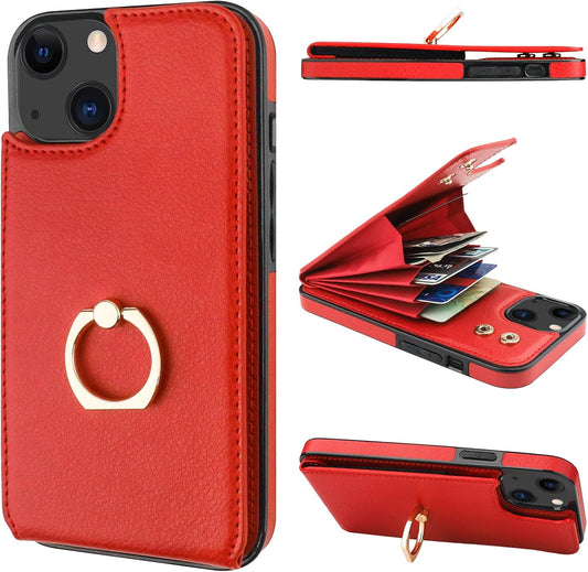 Folosu Compatible with iPhone 14 Case Wallet with Card Holder, 360°Rotation Finger Ring Holder Kickstand, RFID Blocking Leather Protective Double Buttons Shockproof Cover 6.1 Inch Red