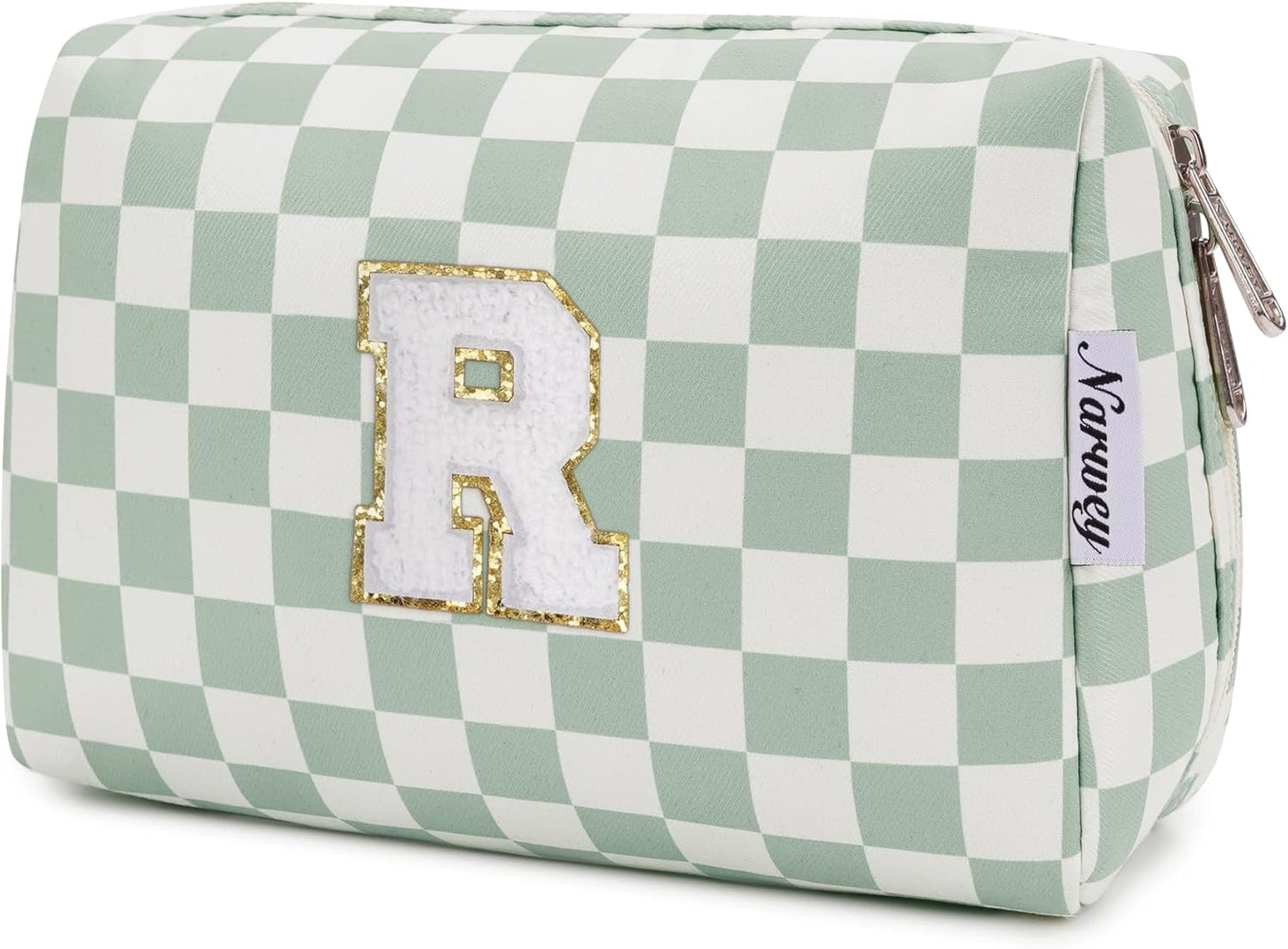 Narwey Birthday Gifts for Teen Girls Women Personalized Initial Checkered Makeup Bag Preppy Cosmetic Bag Trendy Stuff 6 8 10 11 12 13 14 16 18 Years Old Travel Toiletry Bag (Green Letter R)