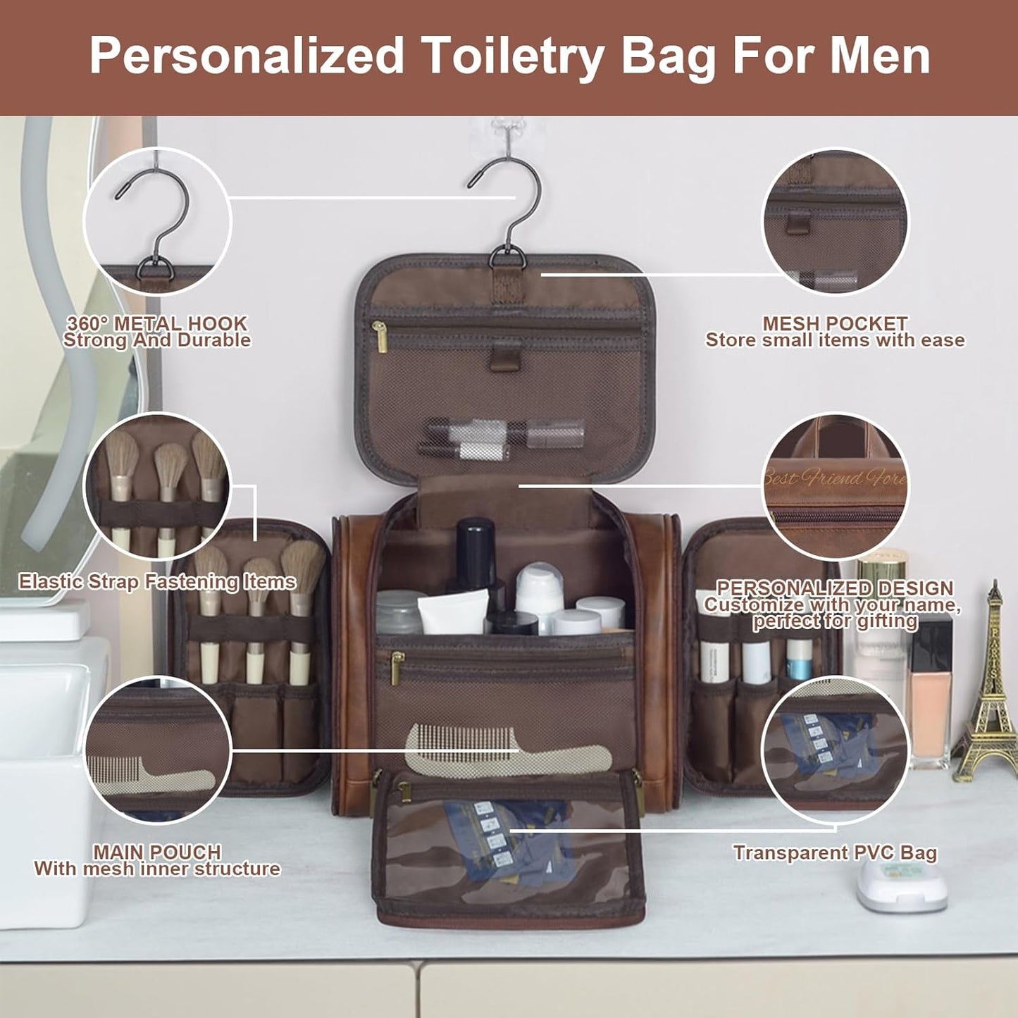 Personalized Toiletry Bag For Men, Large Capacity Travel Doop Kit, Vintage Color PU Leather, Custom Name Initials, Gifts for Dad, Husband, Boyfriend, Groomsmen, Birthday (Style 4)