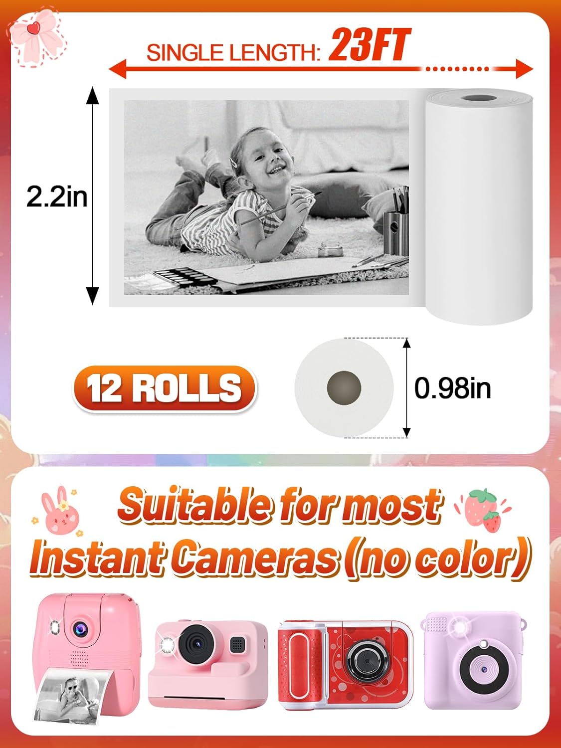 12 Rolls Kids Instant Camera Print Refill Paper - Photo Printer Thermal Paper Rolls, Instant Print Camera Refill Paper for 4 5 6 7 8 9 10 Year Old Girls Boys Birthday Gifts