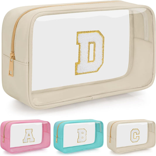 Personalized Initial Clear Makeup Bag, Travel Chenille Patch Cosmetic Bag, Preppy Toiletry Bag Monogram Cosmetic Pouch with Zipper, Ideal Gift for Teen Girls Women (Clear-Beige, D)