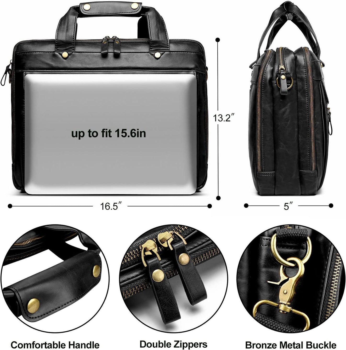 Bosidu Leather Briefcases for Men 15.6 Inch Laptop Messenger Bag with Triple Compartments Water-Resistant Computer Shoulder Bag for Business, Travel, Work, Office, Black