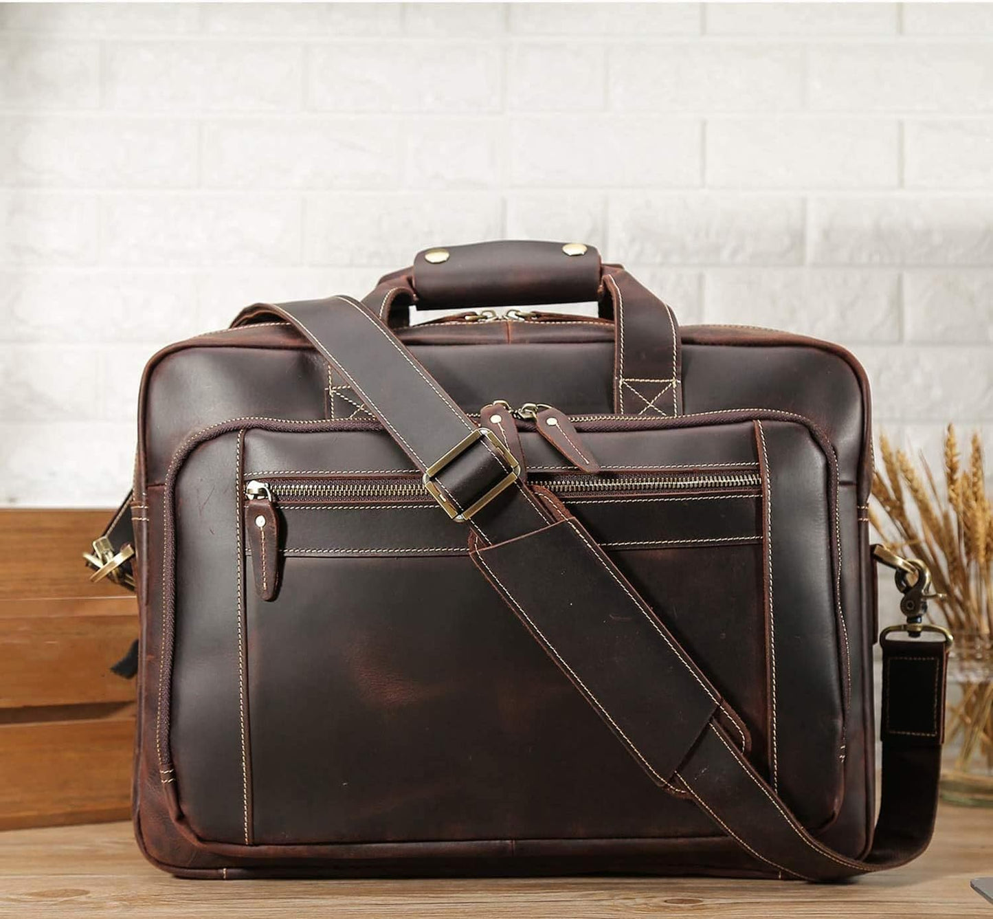 Vintage Full Grain Leather Briefcase for Men Fits 17" Laptop Business Travel Messenger Crossbody Shoulder Bags