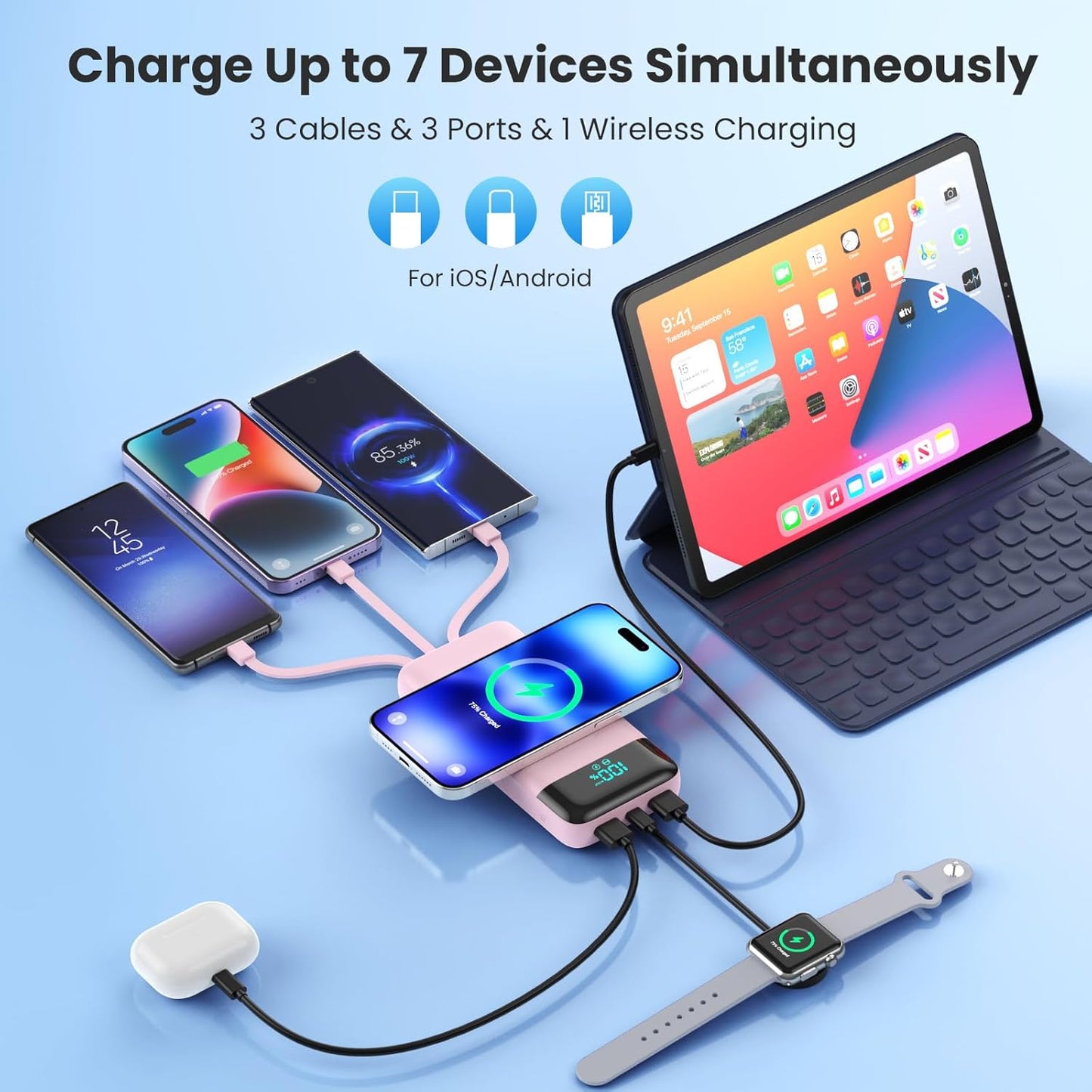 Wireless Portable Charger 40800mAh for iPhone with 3 Built-in Cables,7-in-1 15W Wireless Charging USB C Power Bank,25W PD Fast Charging Travel Essential Battery Pack for iPhone 17/16/15,Android-Pink