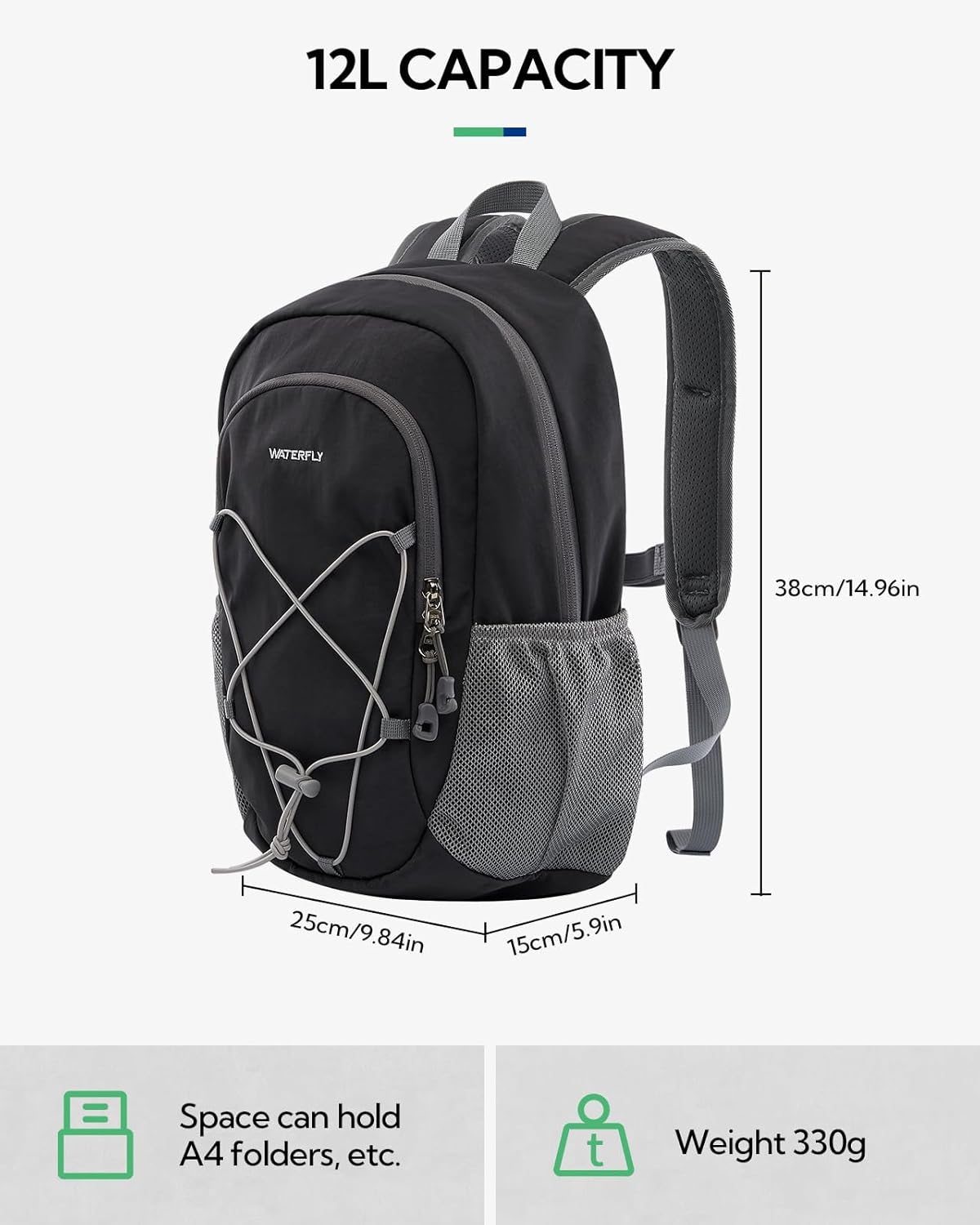 WATERFLY 12L Small Hiking Backpack: Day Pack Lightweight Travel Bag Camping Fitness Cycling Outdoor