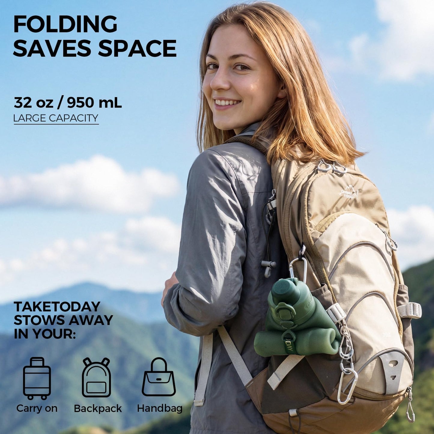 TakeToday Collapsible Water Bottles, Foldable for Travel, 32oz, Black