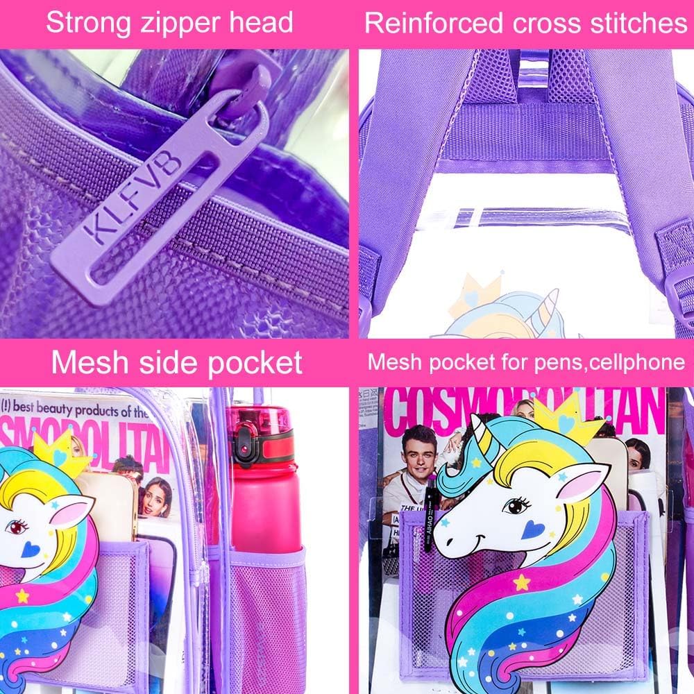 Clear Backpack for Girls and Boys, Kids Transparent Bookbag, 3PCS Cute See Through School Bag for Elementary Prechool