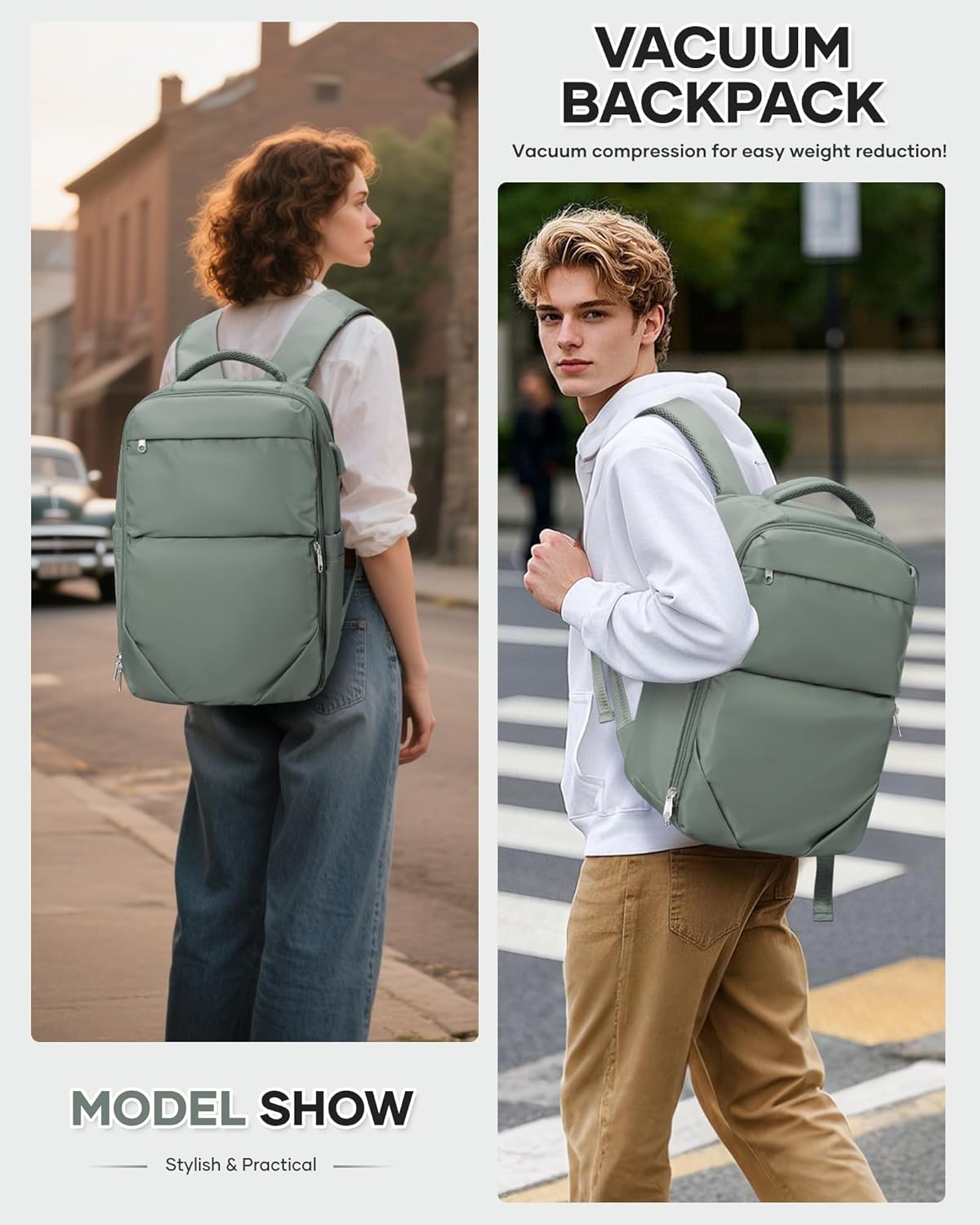 Vacuum Backpack Travel for Women Men, Travel Backpack with Vacuum System, Small Compression Backpacks Flight Approved, Travel Vacuum Bags with 14inch Laptop Compartment, Contain Pump, Green