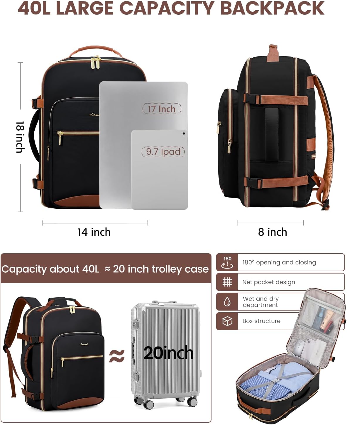 LOVEVOOK 40L Travel Backpack for Women & Men, Airline Approved Carry On Luggage with 3 Packing