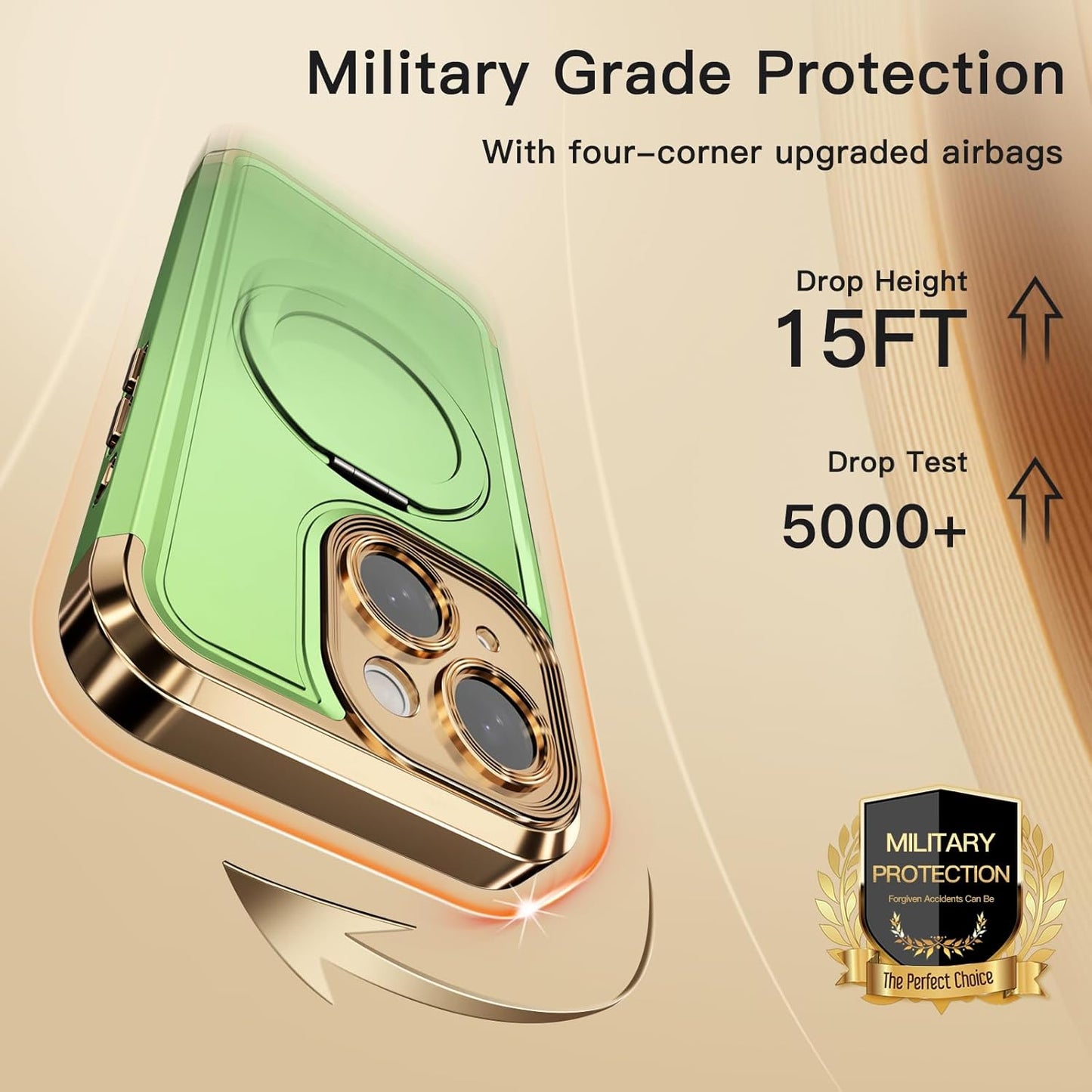 COOLQO for iPhone 15 Plus Case 6.7'' Upgraded 360° Spin Magnetic Stand [Compatible with Magsafe][Military Protection] Shockproof Protective Phone Holder Cover for iPhone 15 Plus, Matcha Gold