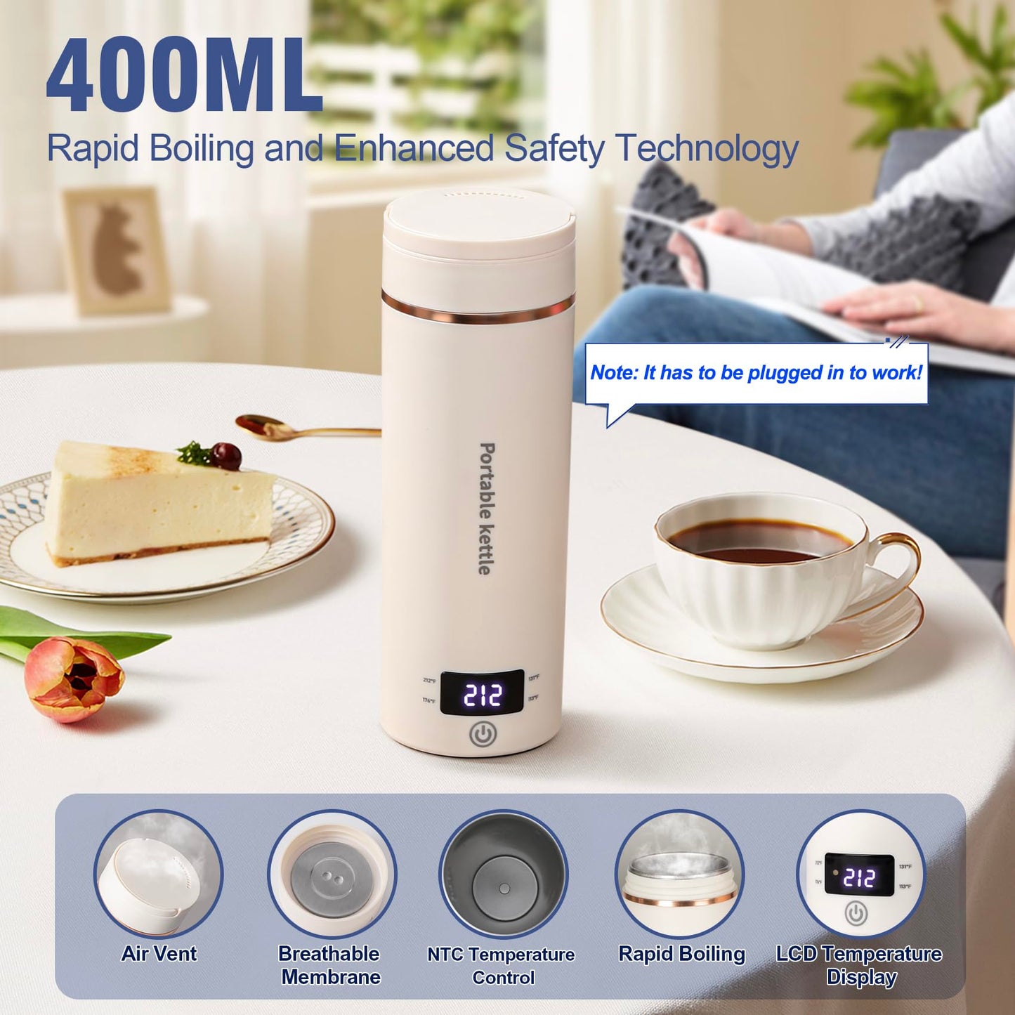 Touxila Portable Electric Kettle for Travel 120V, 13.5oz, 4 Temp Settings