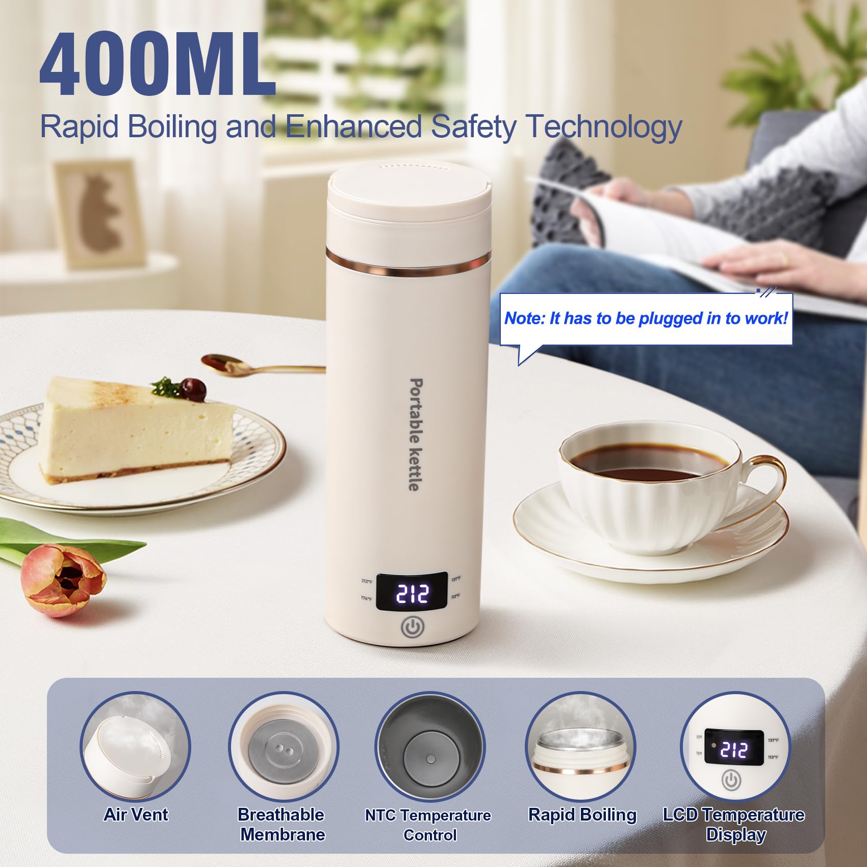 Touxila Portable Electric Kettle for Travel 120V, 13.5oz, 4 Temp Settings