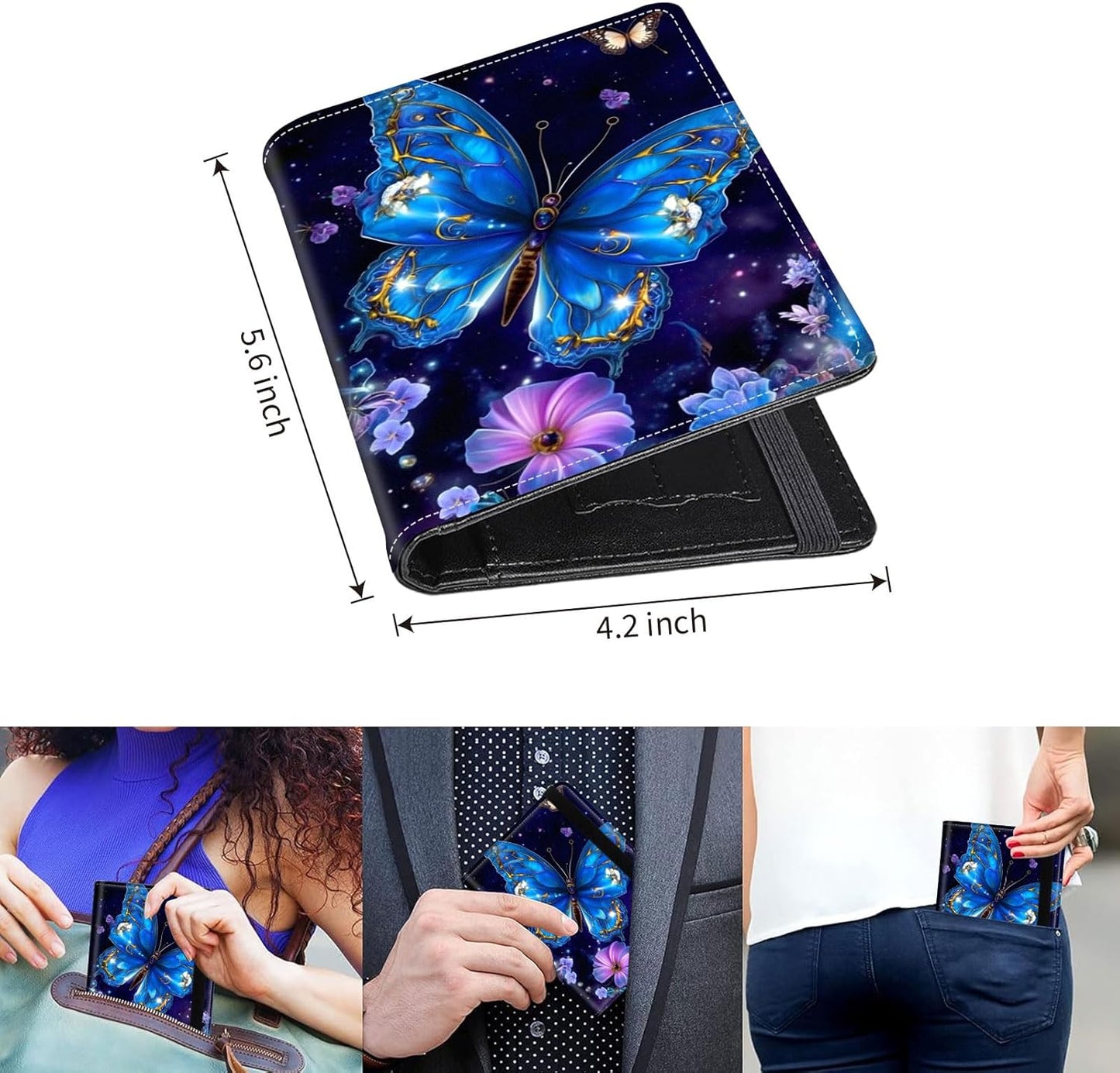 Passport Holder Cover Wallet Travel Essentials RFID Blocking Case Leather Passport Cover Wallet Vaccine Card Slot Organizer for Men Women, Blue Butterfly
