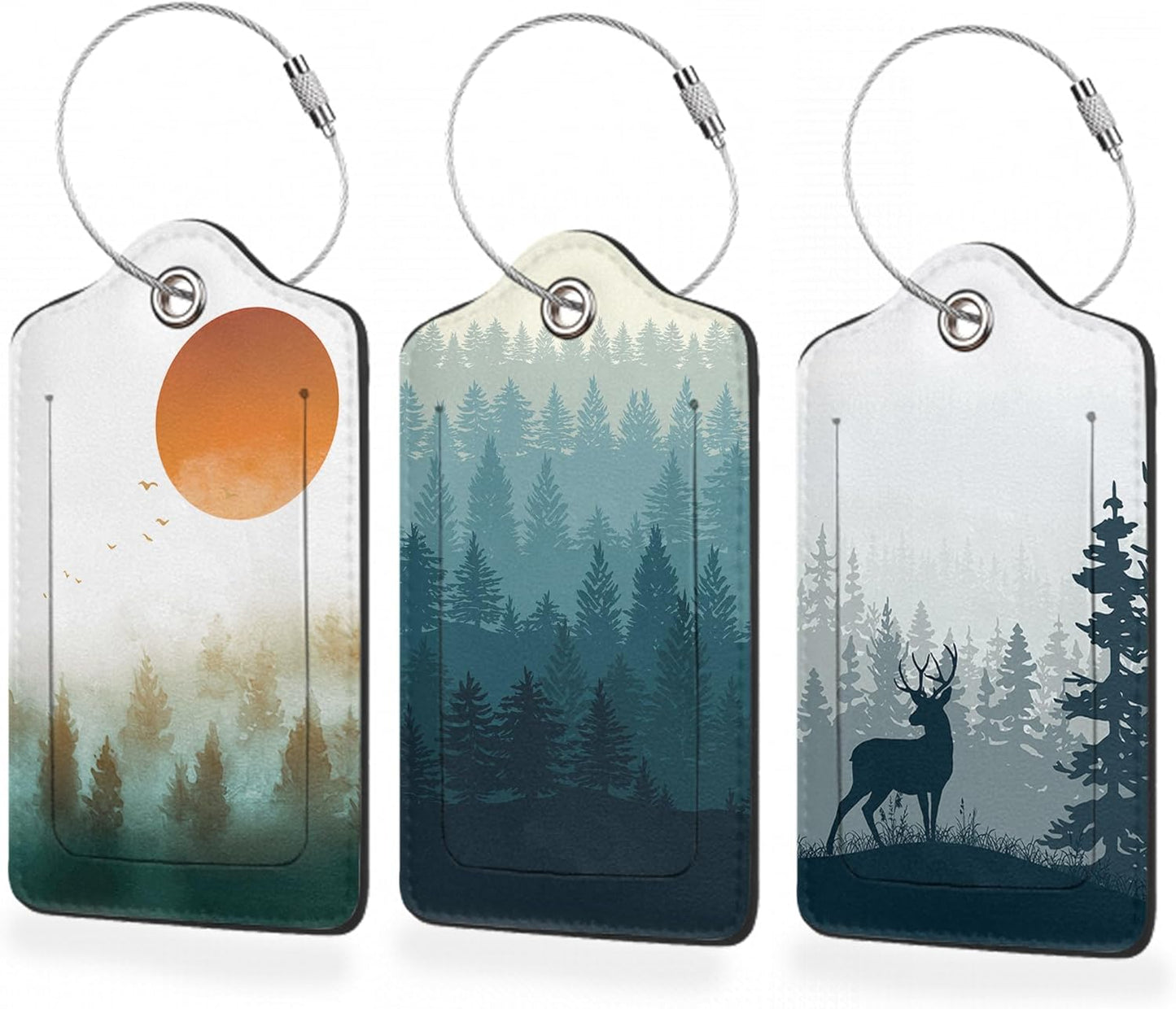 Misty Forest 3 Pack PU Leahter Luggage Tag,Deer Fog Red Sun Leather Suitcase Tags with Privacy Cover Name Address Labels and Metal Ring,Quickly Spot for Bags